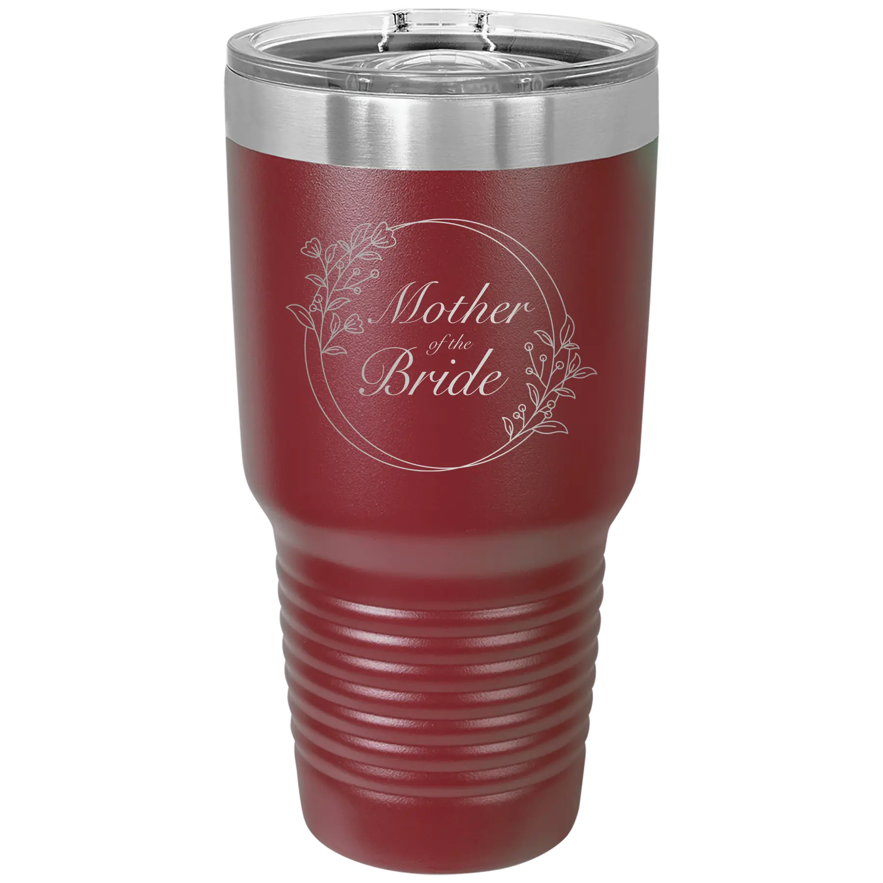 Laser etched maroon 30 oz vacuum insulated tumbler with 'Mother of the Bride' design