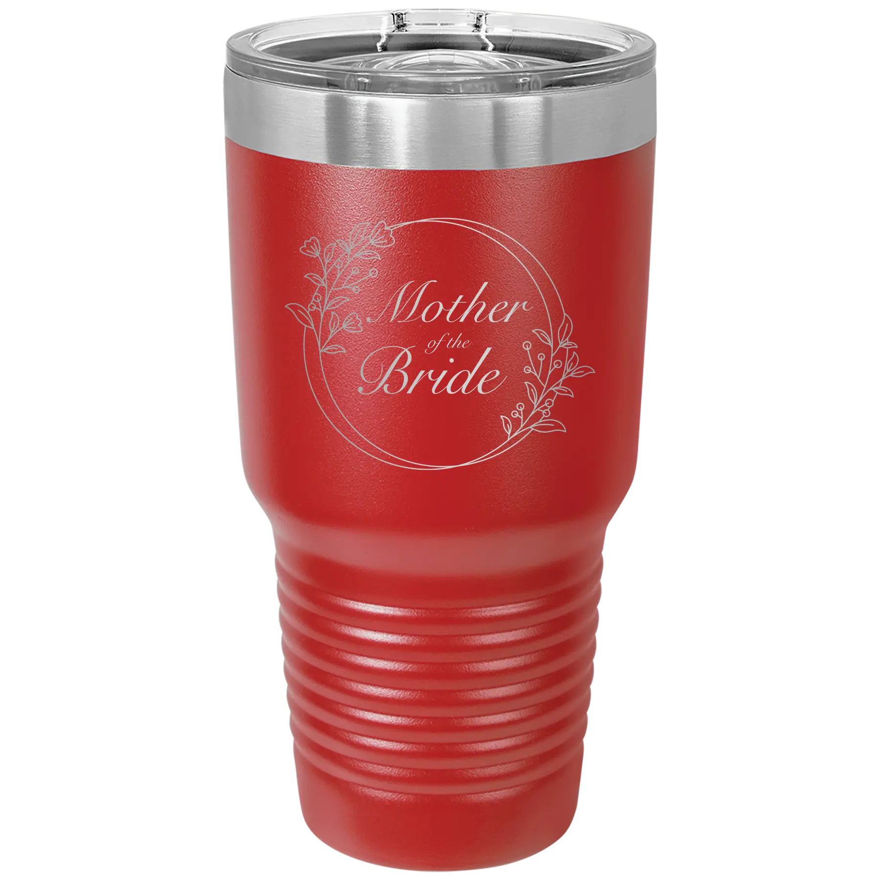 Laser etched red 30 oz vacuum insulated tumbler with 'Mother of the Bride' design