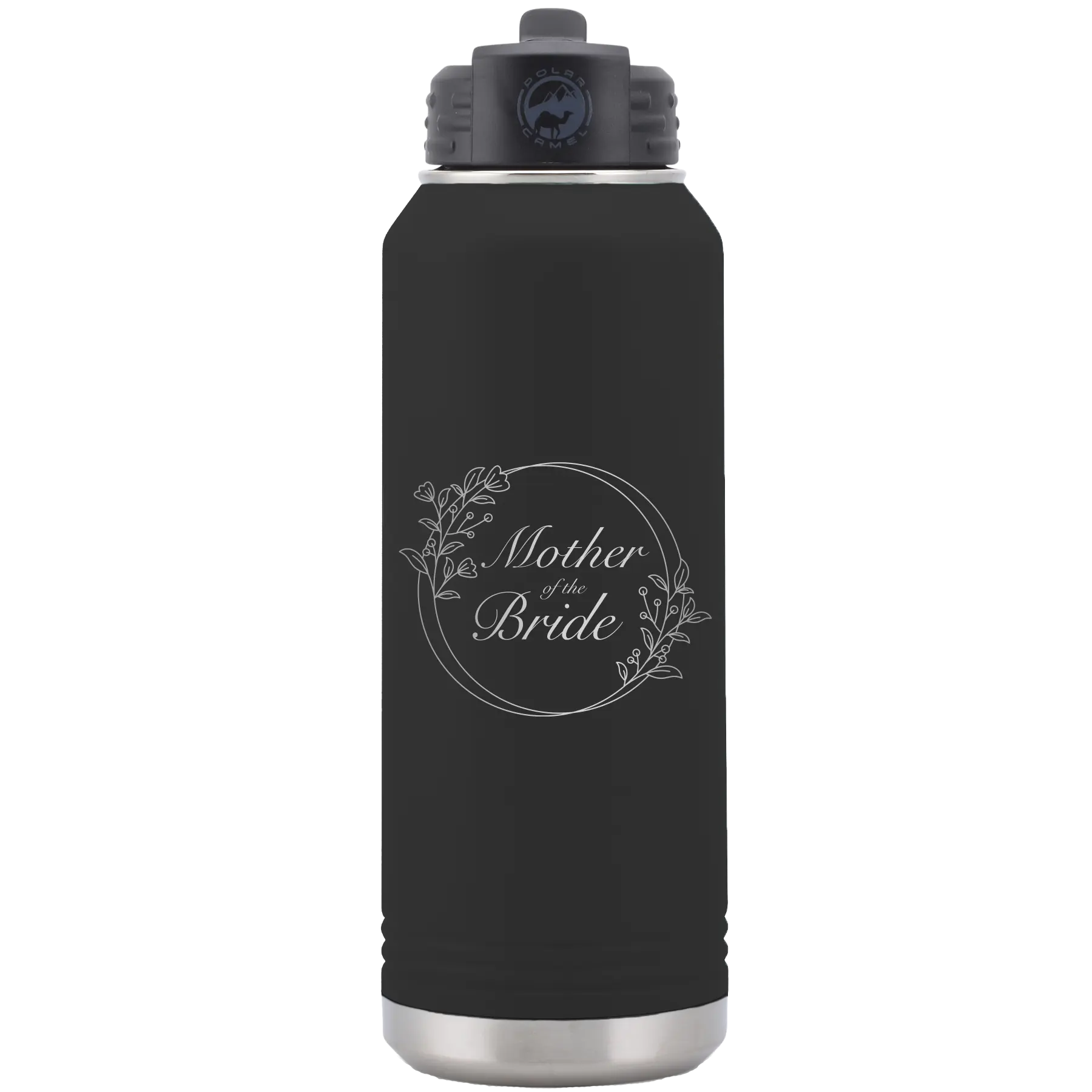 Laser etched black 32 oz vacuum insulated water bottle with 'Mother of the Bride' design