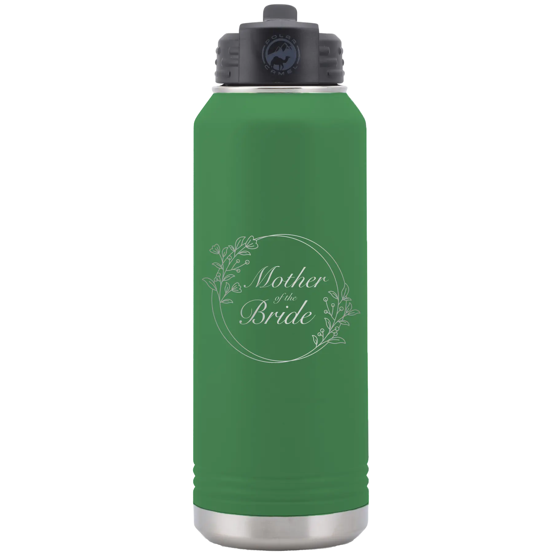 Laser etched green 32 oz vacuum insulated water bottle with 'Mother of the Bride' design