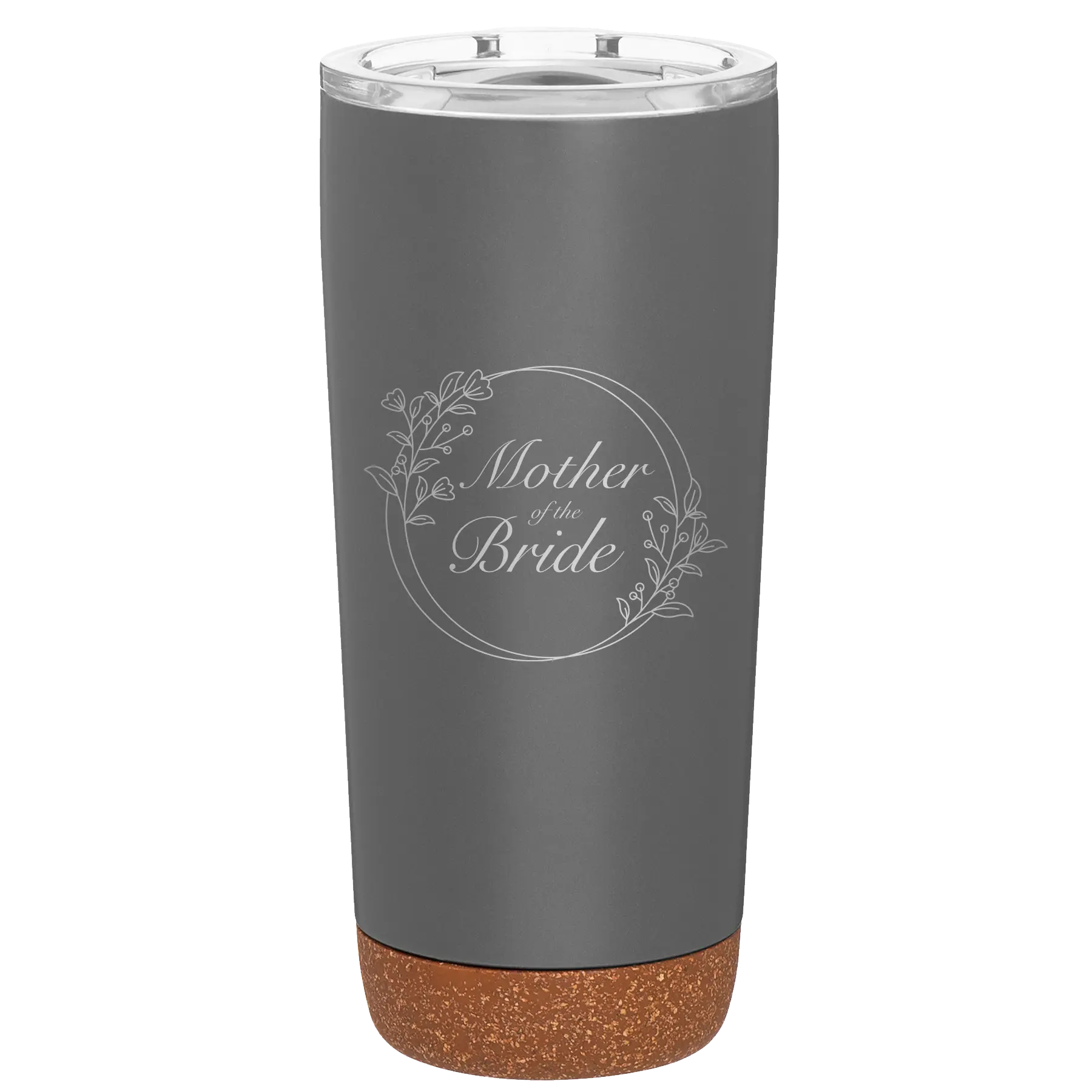 Laser etched storm gray 20 oz vacuum insulated tumbler with 'Mother of the Bride' design