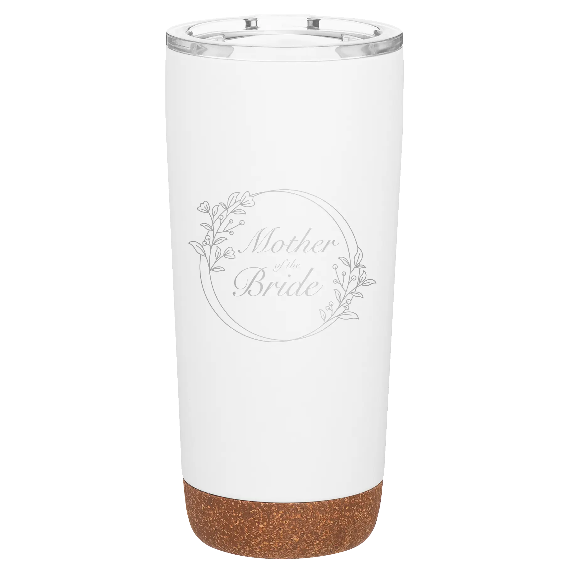 Laser etched white 20 oz vacuum insulated tumbler with 'Mother of the Bride' design
