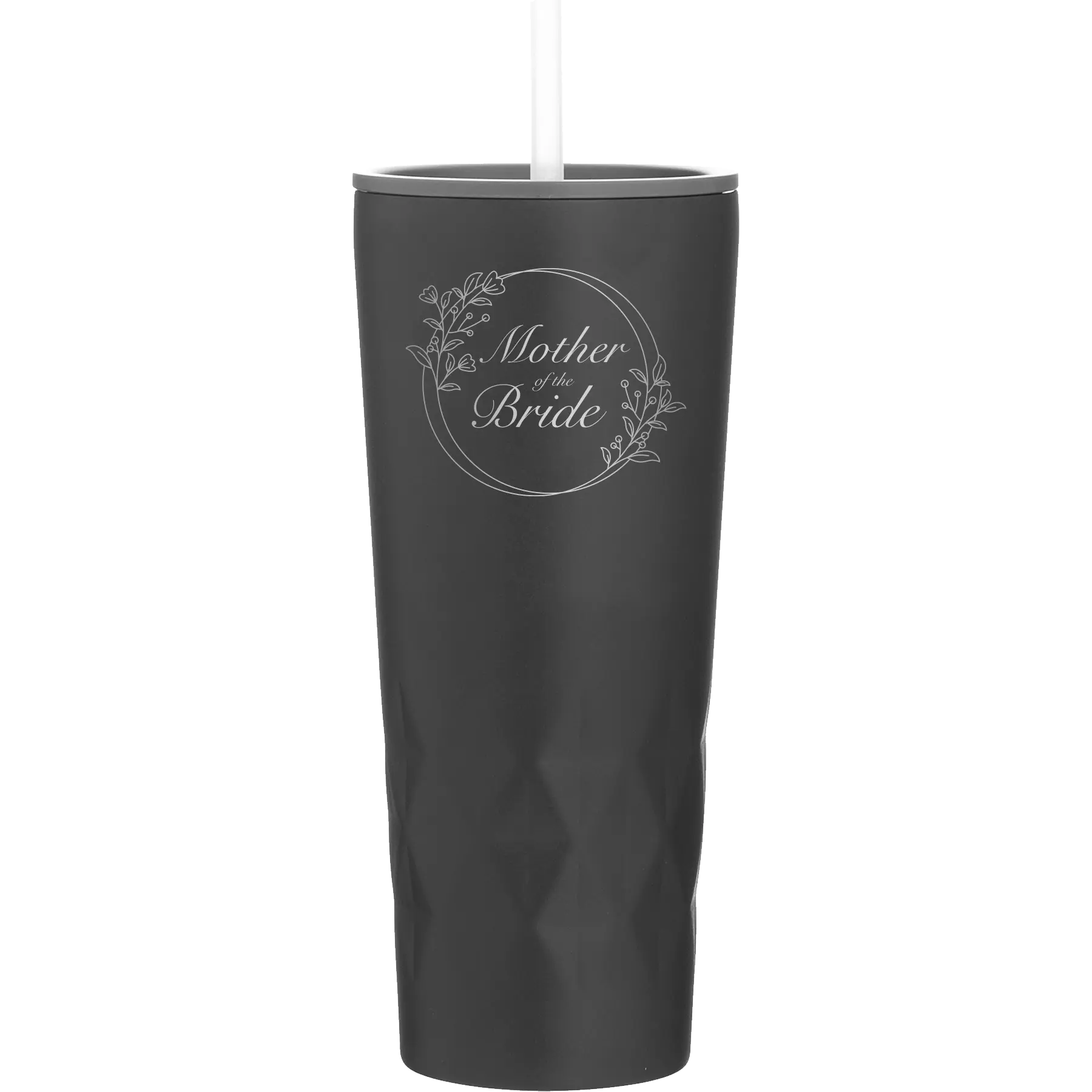 Laser etched black 20 oz vacuum insulated tumbler with 'Mother of the Bride' design