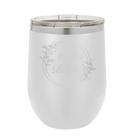 Laser etched white 12 oz vacuum insulated wine cup with 'Mother of the Bride' design
