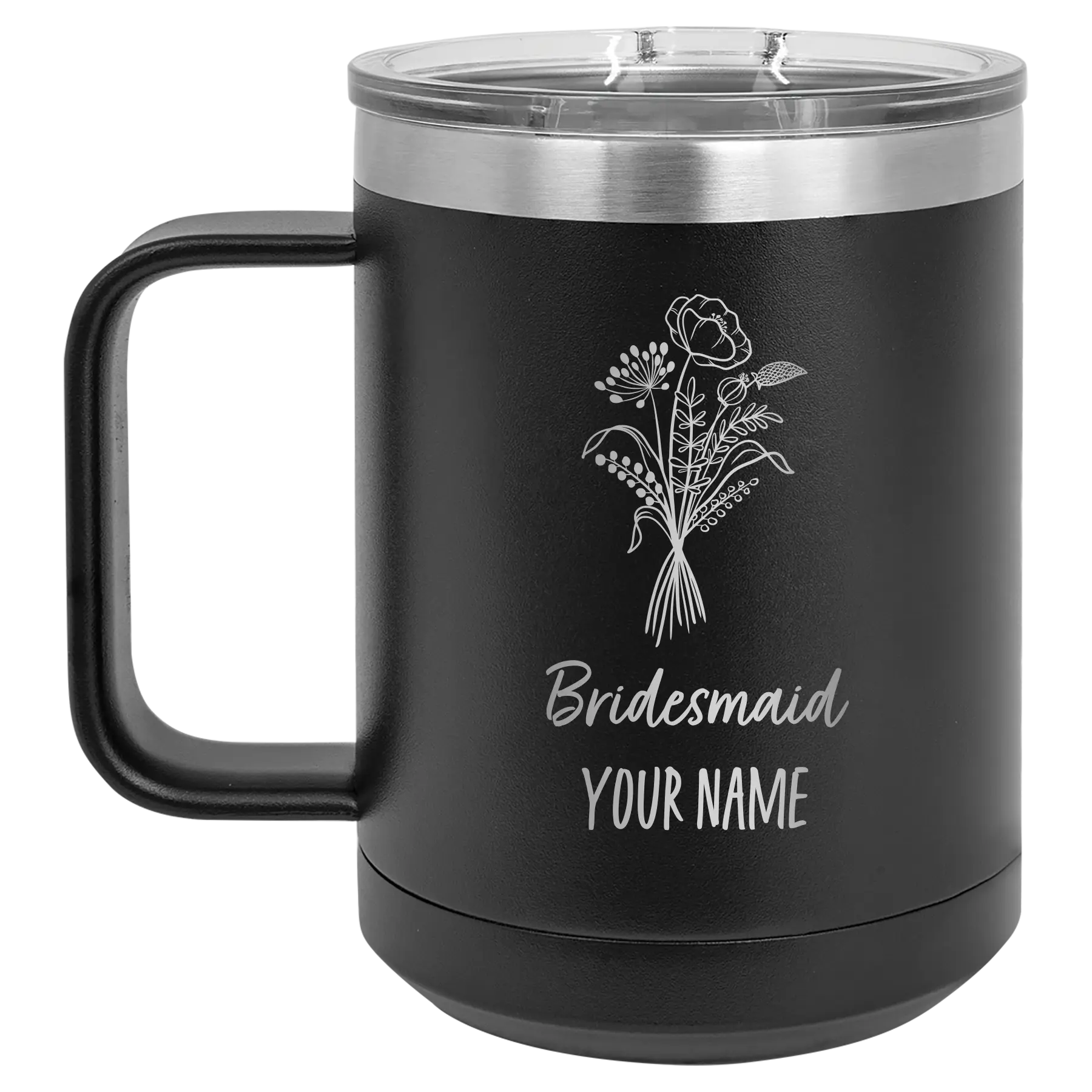 Personalized black 15 oz vacuum insulated coffee mug with 'Bridesmaid with flowers' design