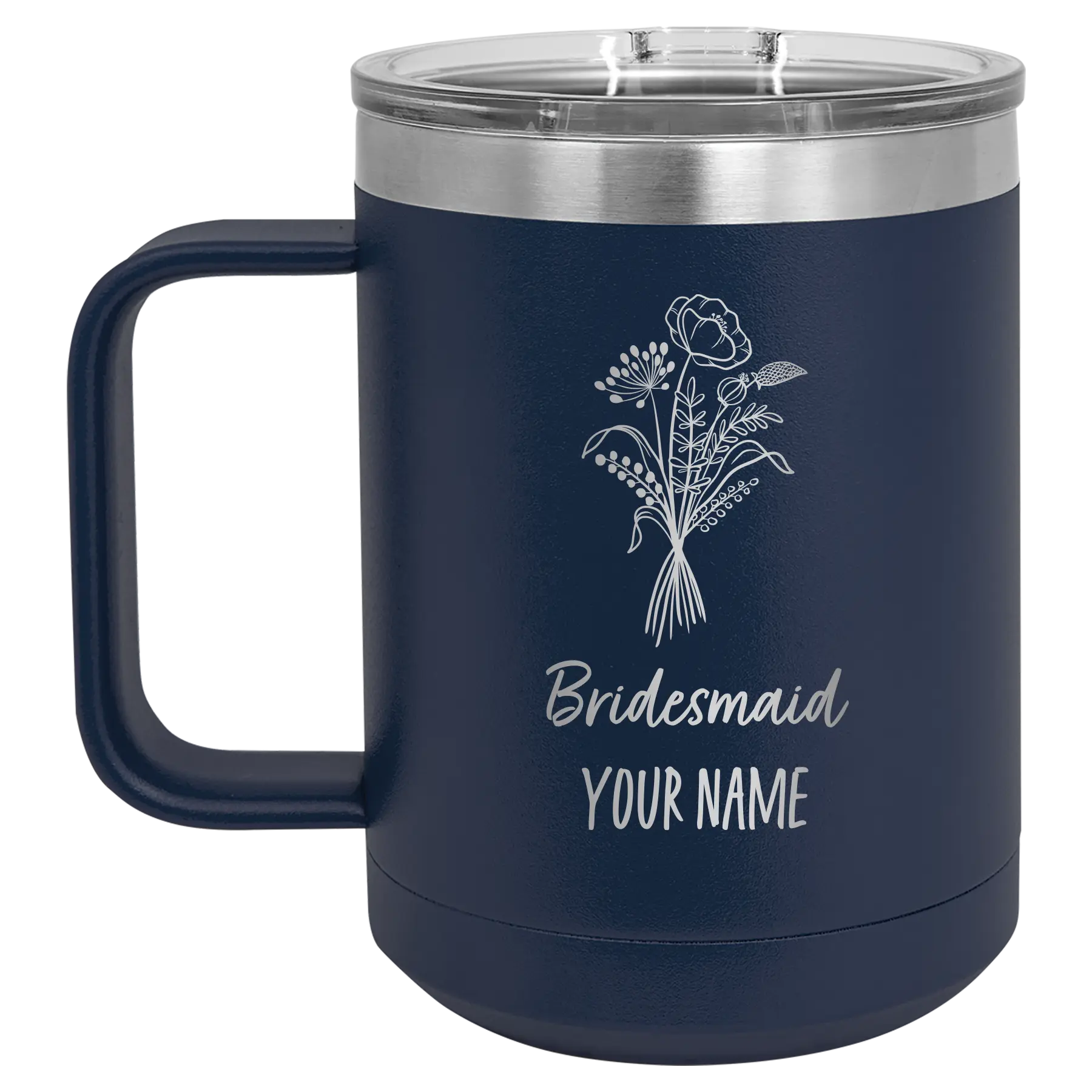 Personalized navy 15 oz vacuum insulated coffee mug with 'Bridesmaid with flowers' design