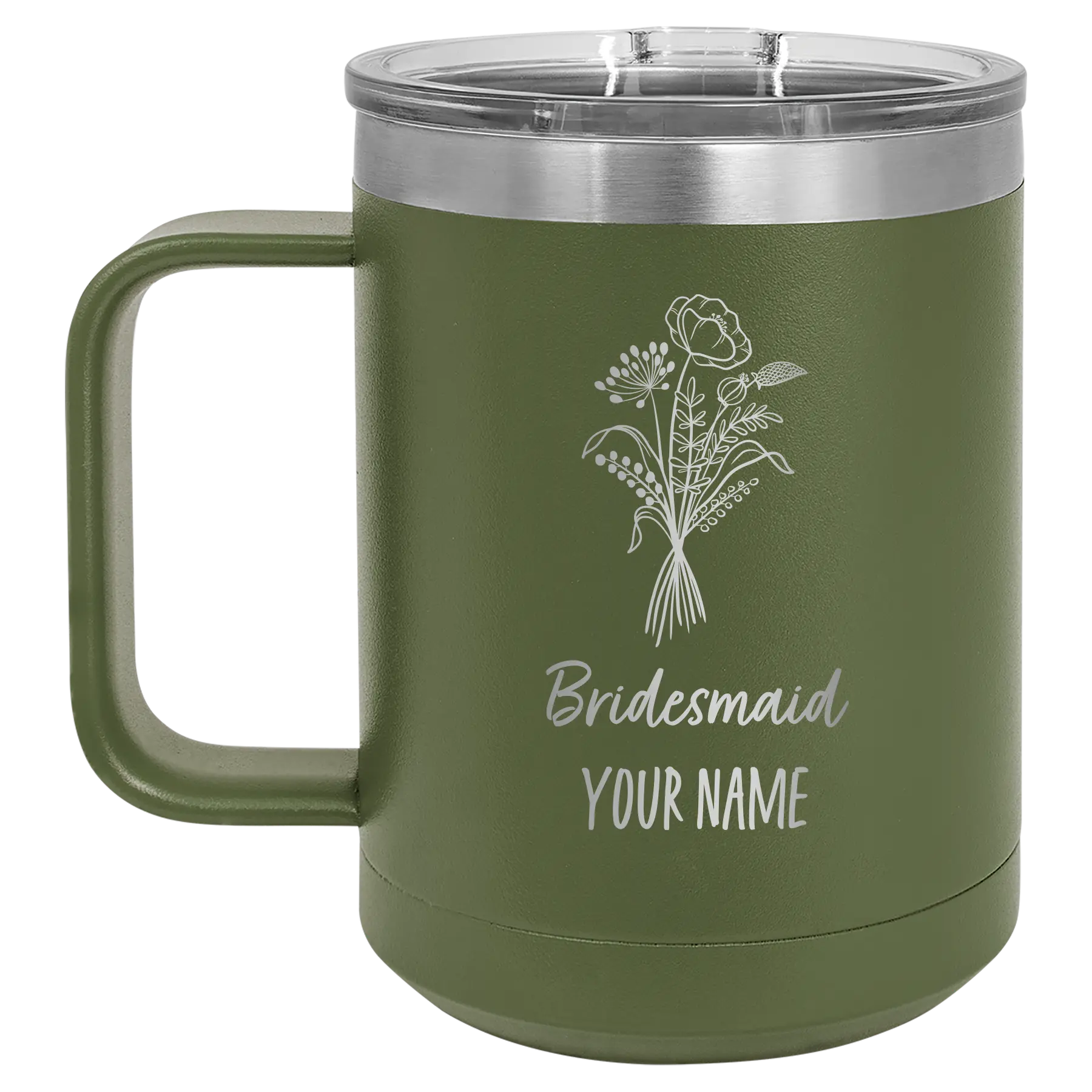 Personalized olive green 15 oz vacuum insulated coffee mug with 'Bridesmaid with flowers' design
