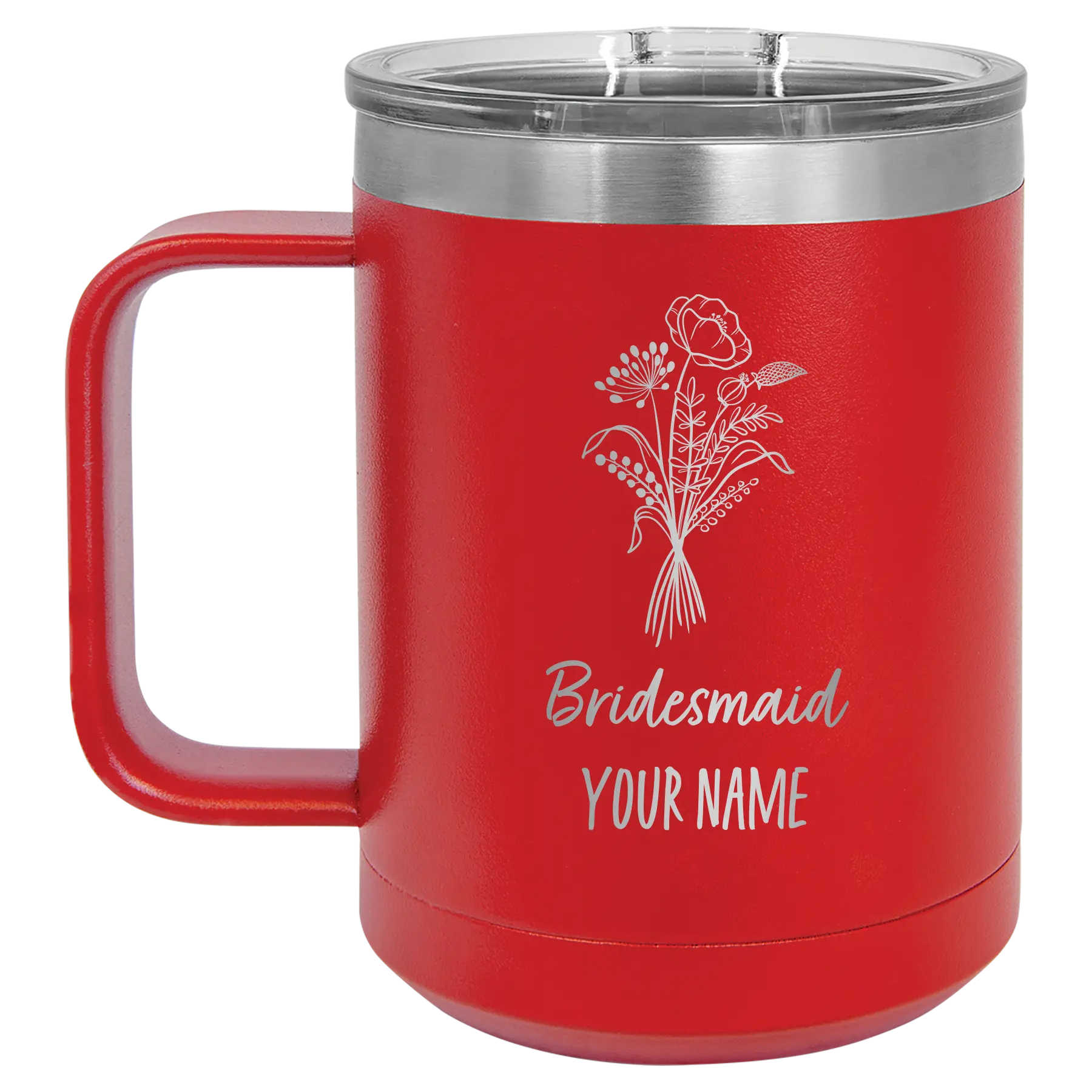Personalized red 15 oz vacuum insulated coffee mug with 'Bridesmaid with flowers' design