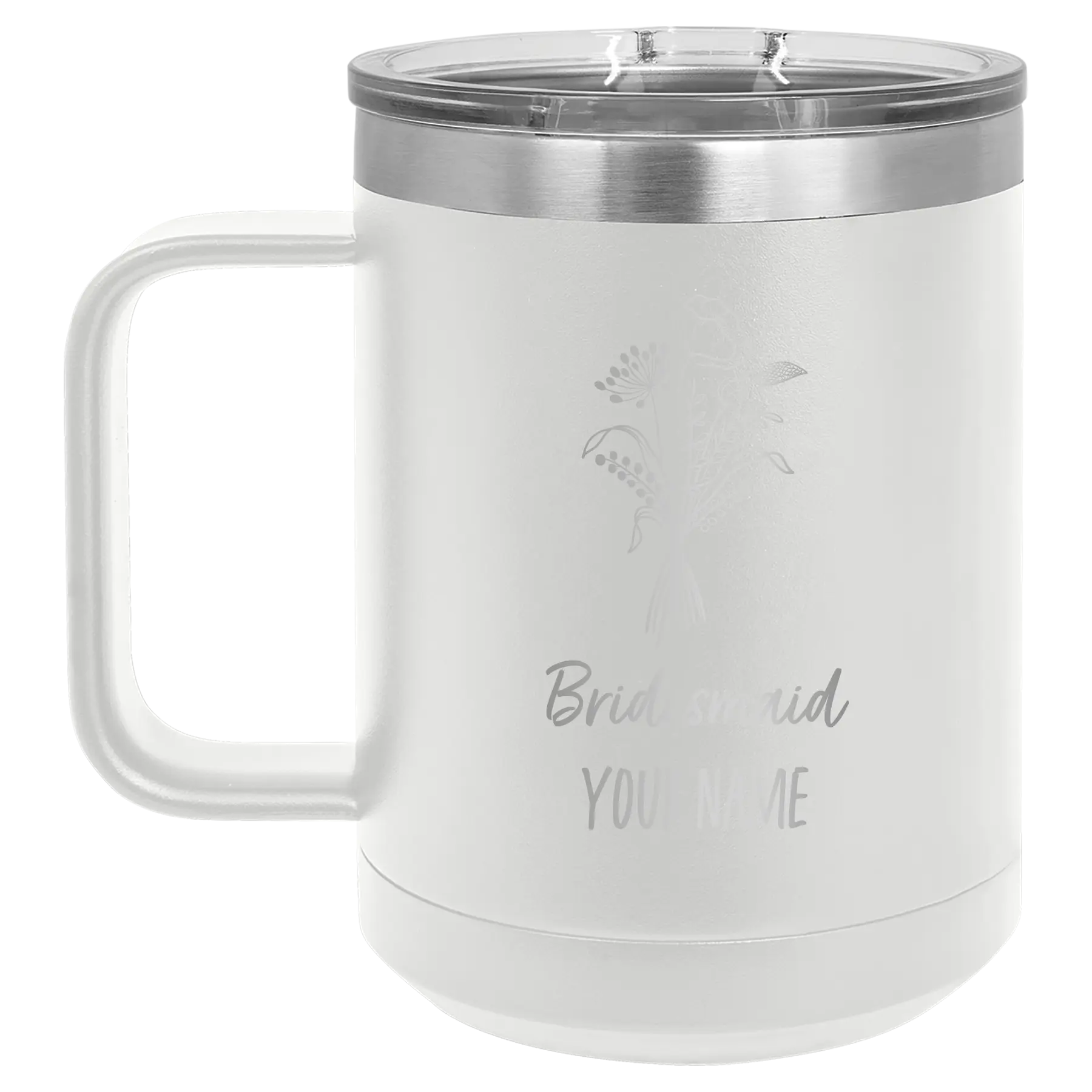 Personalized white 15 oz vacuum insulated coffee mug with 'Bridesmaid with flowers' design