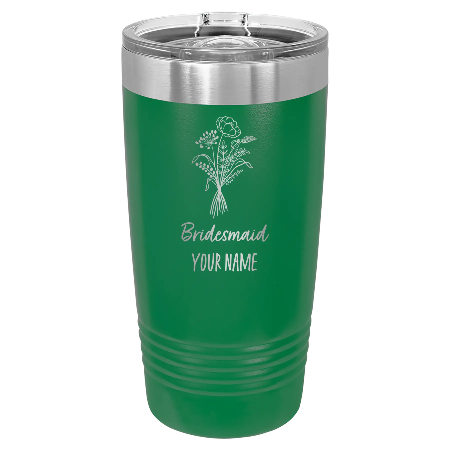 Personalized green 20 oz vacuum insulated tumbler with 'Bridesmaid with flowers' design