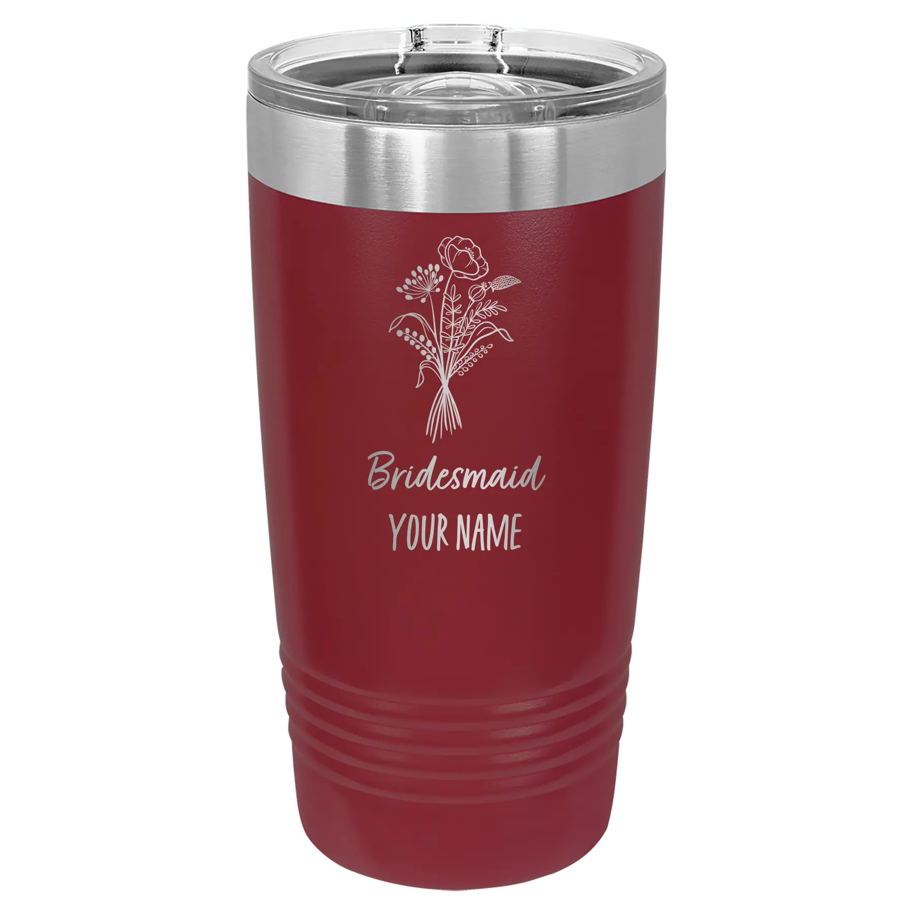 Personalized maroon 20 oz vacuum insulated tumbler with 'Bridesmaid with flowers' design