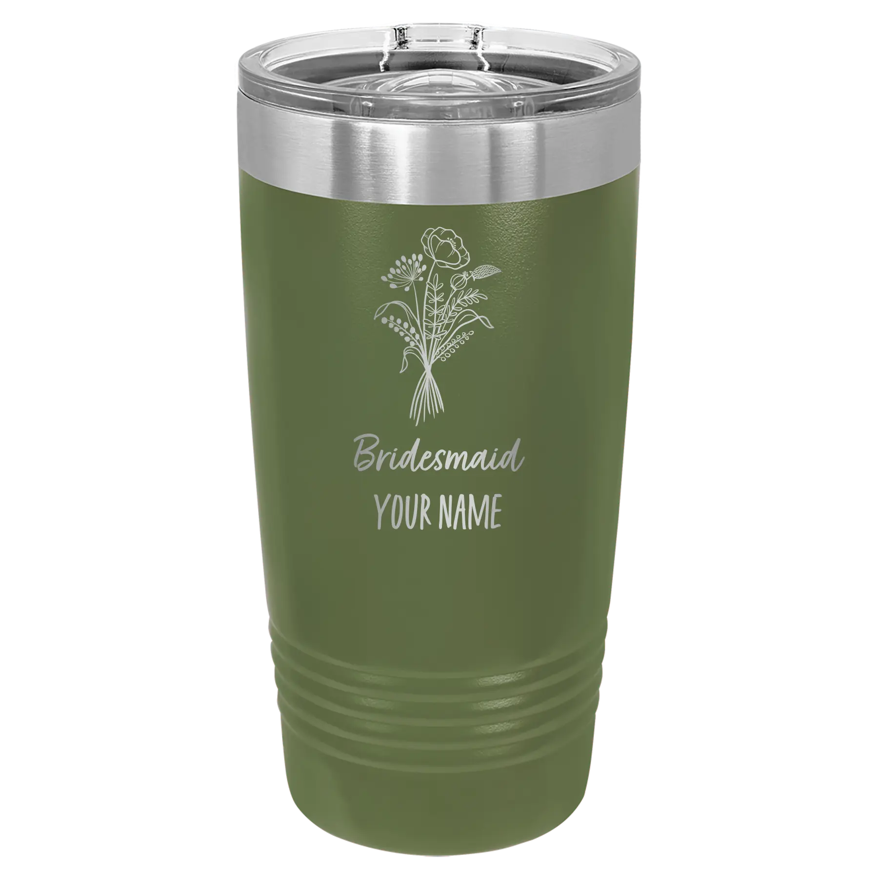 Personalized olive green 20 oz vacuum insulated tumbler with 'Bridesmaid with flowers' design