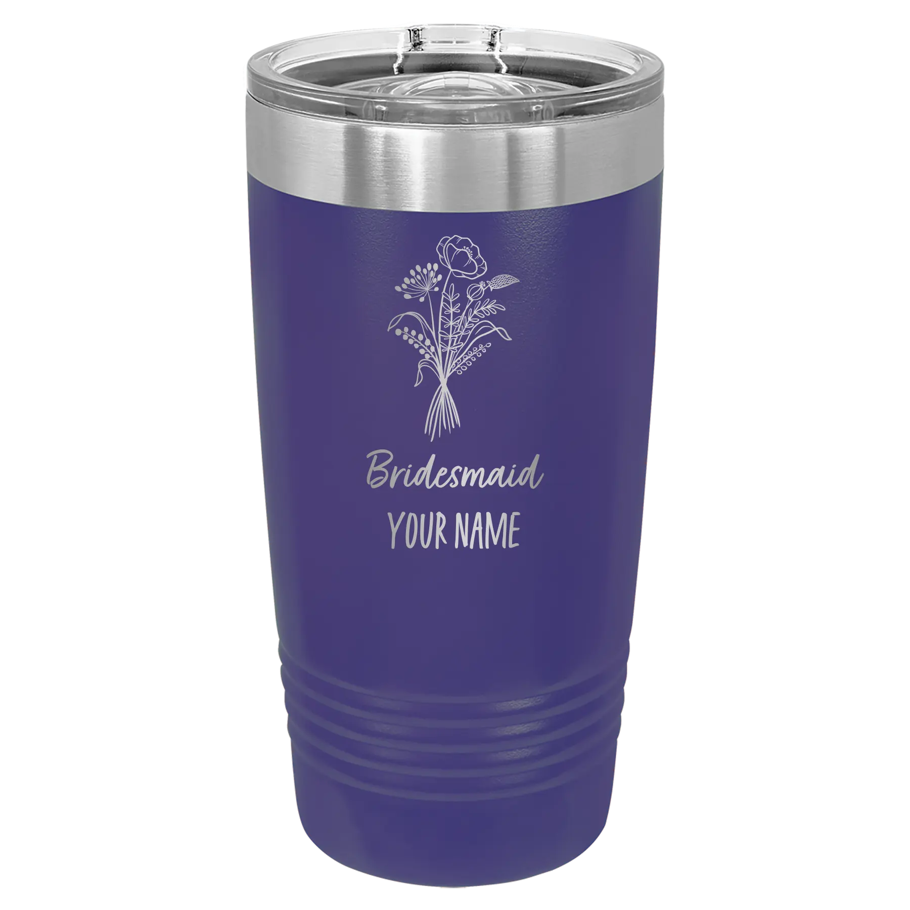 Personalized purple 20 oz vacuum insulated tumbler with 'Bridesmaid with flowers' design