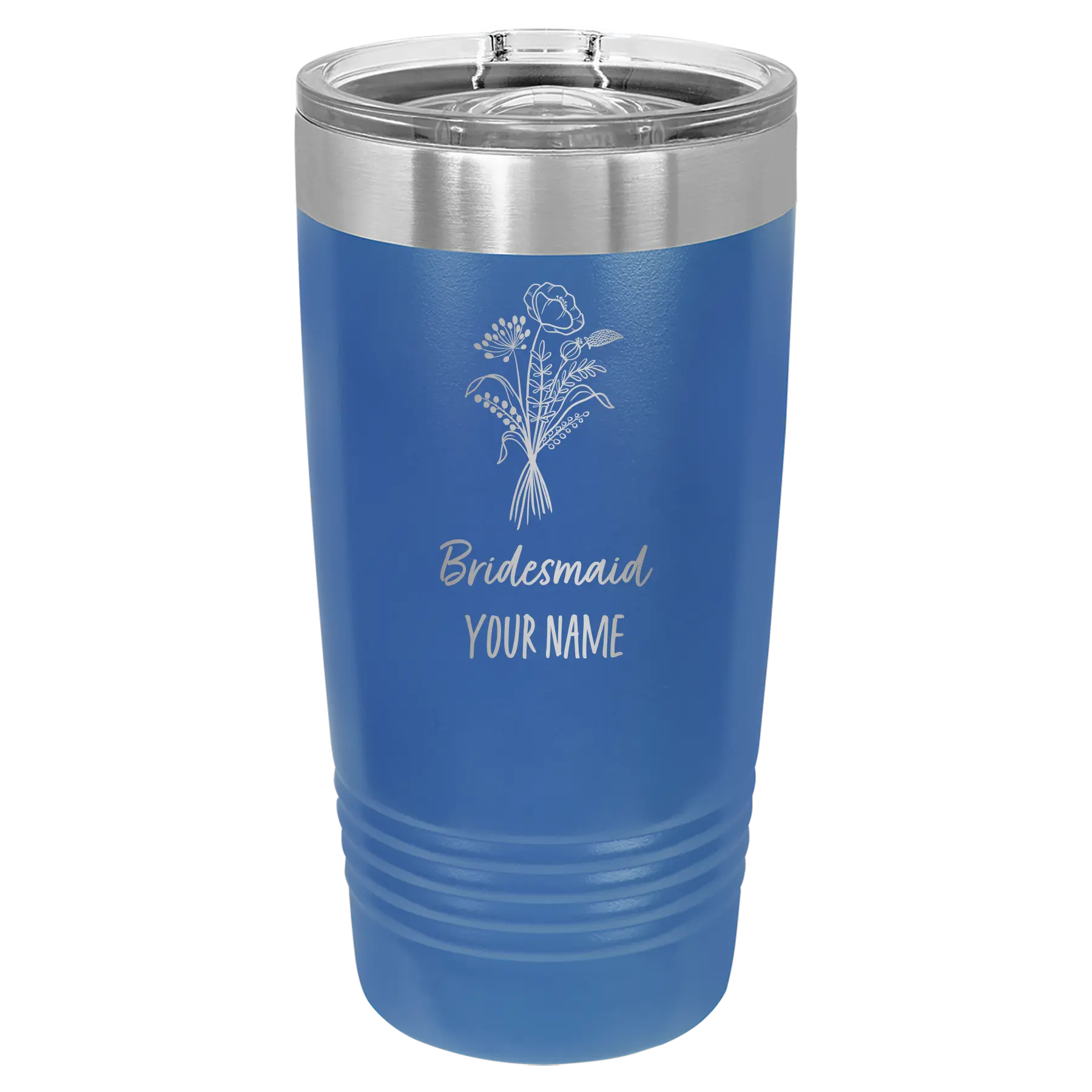 Personalized royal blue 20 oz vacuum insulated tumbler with 'Bridesmaid with flowers' design