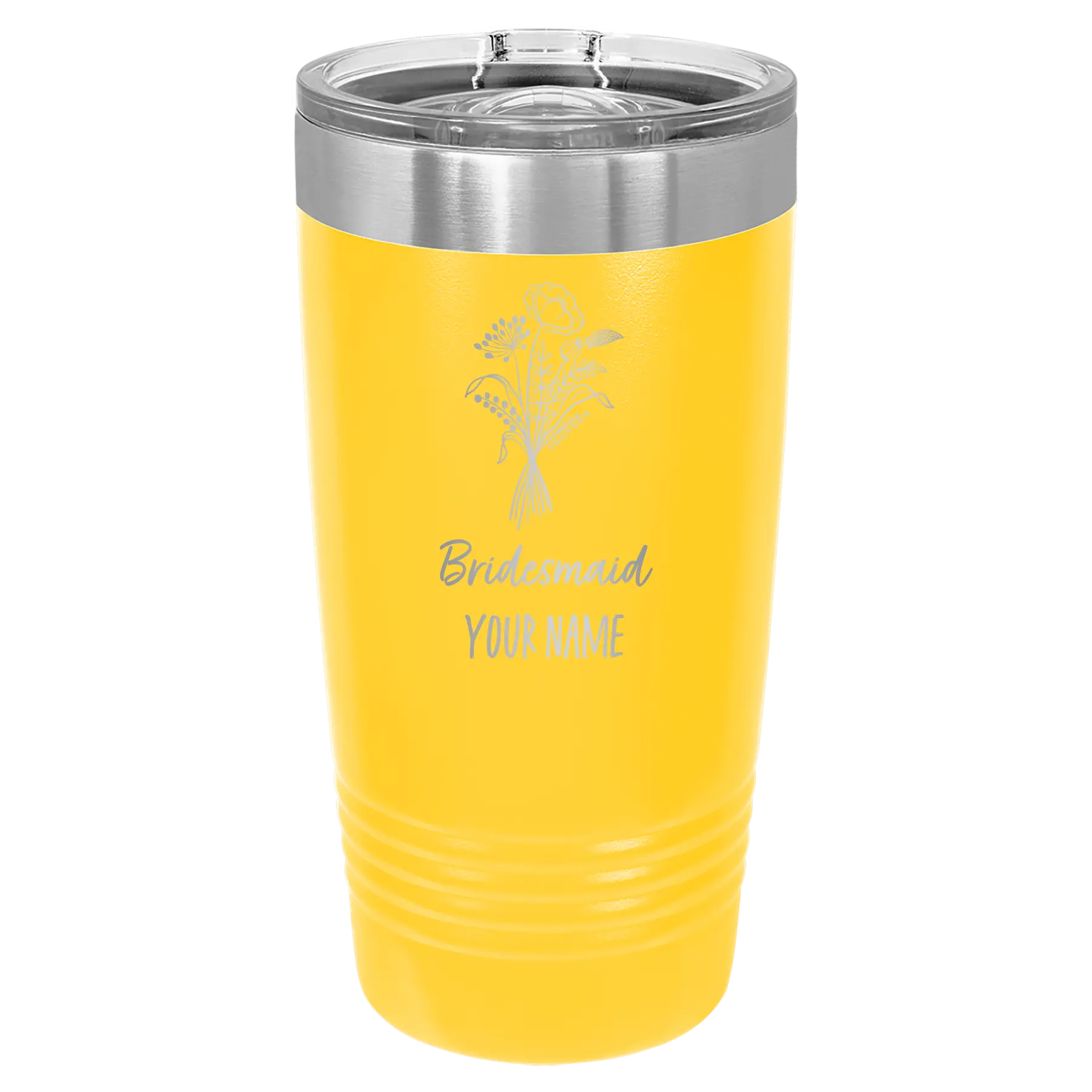 Personalized yellow 20 oz vacuum insulated tumbler with 'Bridesmaid with flowers' design
