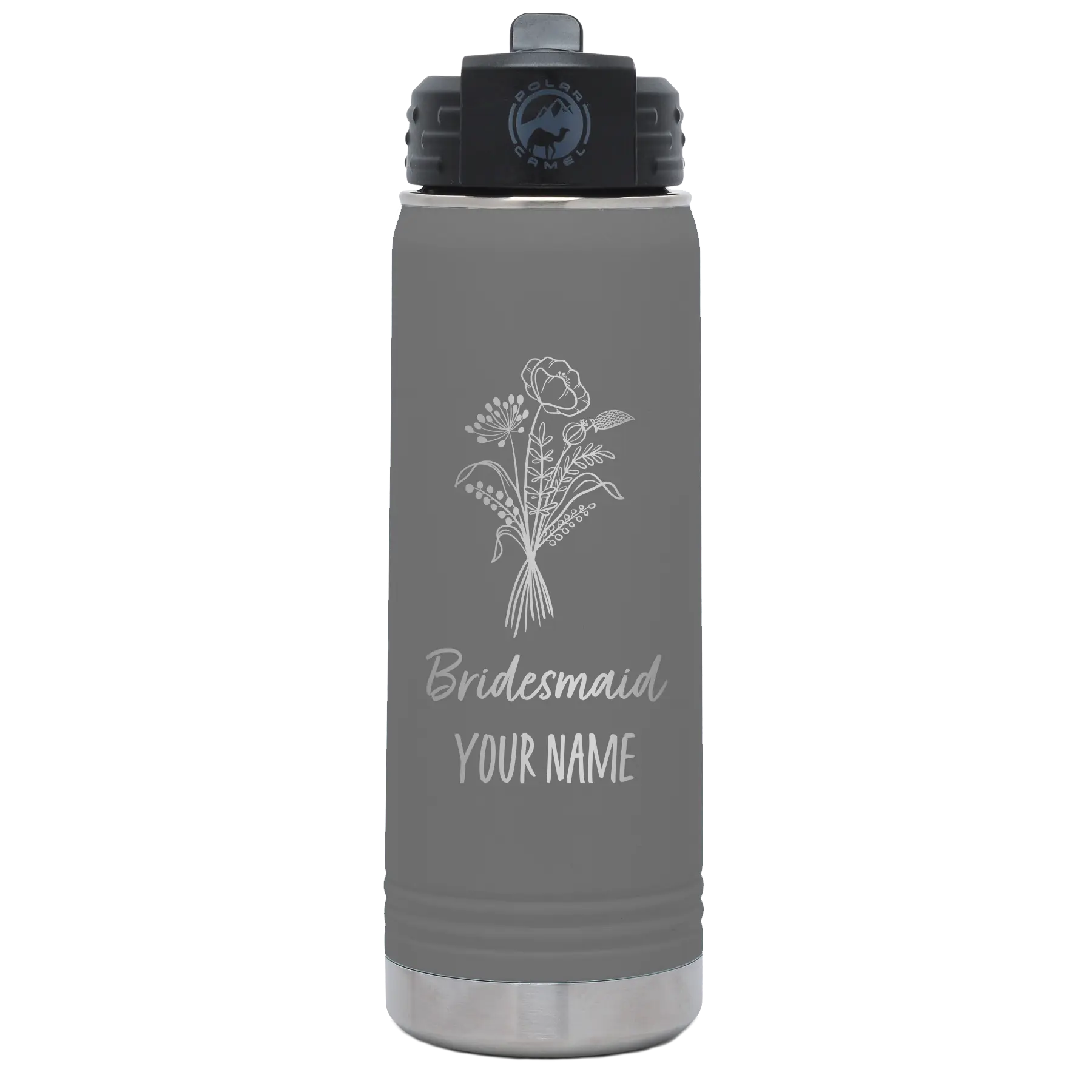 Personalized dark gray 20 oz vacuum insulated water bottle with 'Bridesmaid with flowers' design