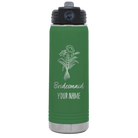 Personalized green 20 oz vacuum insulated water bottle with 'Bridesmaid with flowers' design