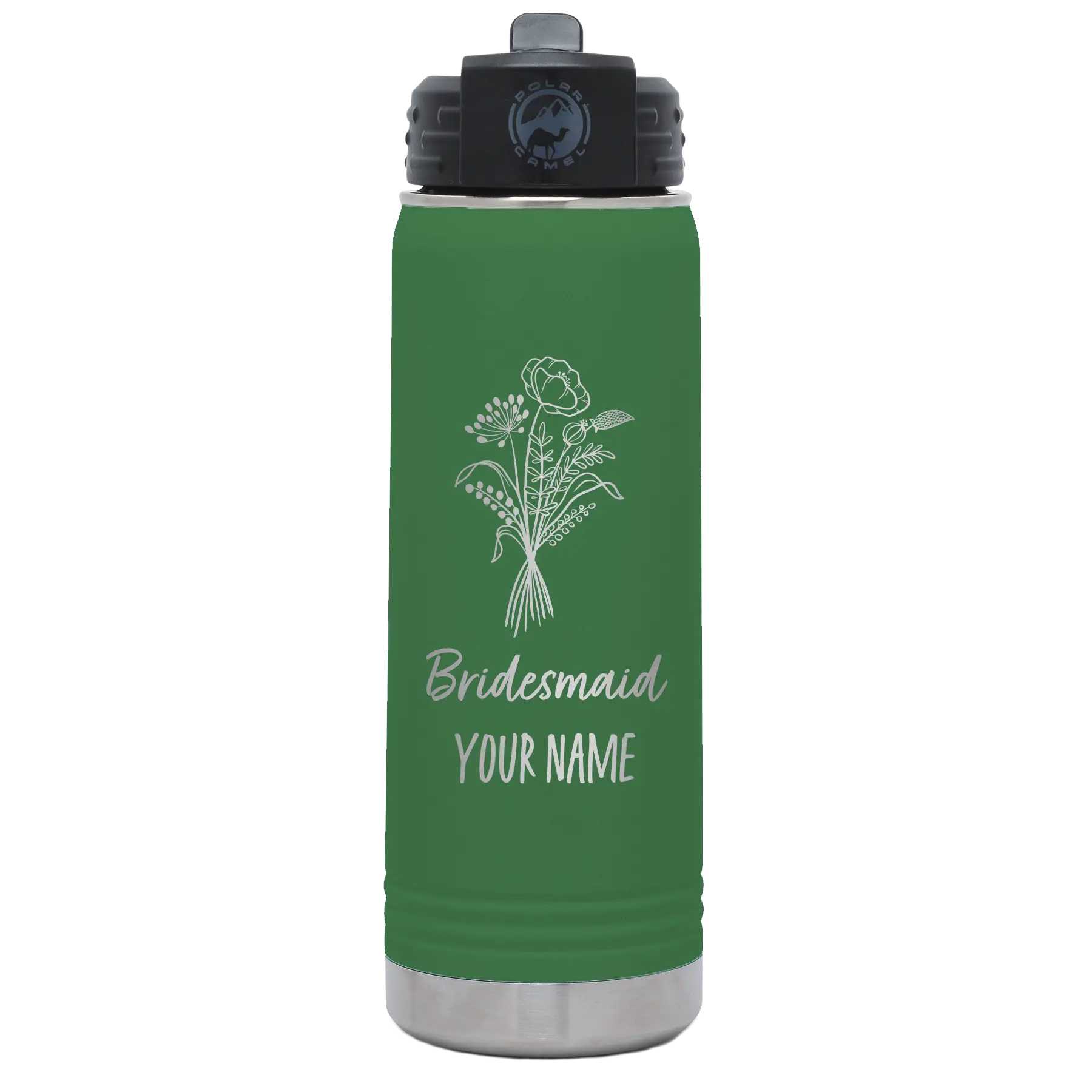 Personalized green 20 oz vacuum insulated water bottle with 'Bridesmaid with flowers' design