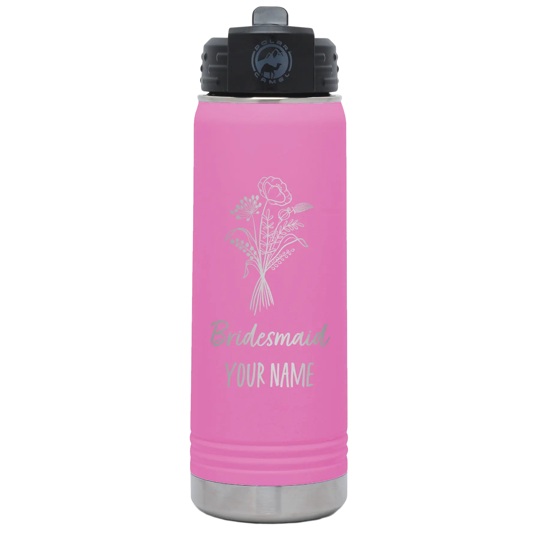 Personalized light purple 20 oz vacuum insulated water bottle with 'Bridesmaid with flowers' design