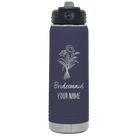 Personalized navy 20 oz vacuum insulated water bottle with 'Bridesmaid with flowers' design