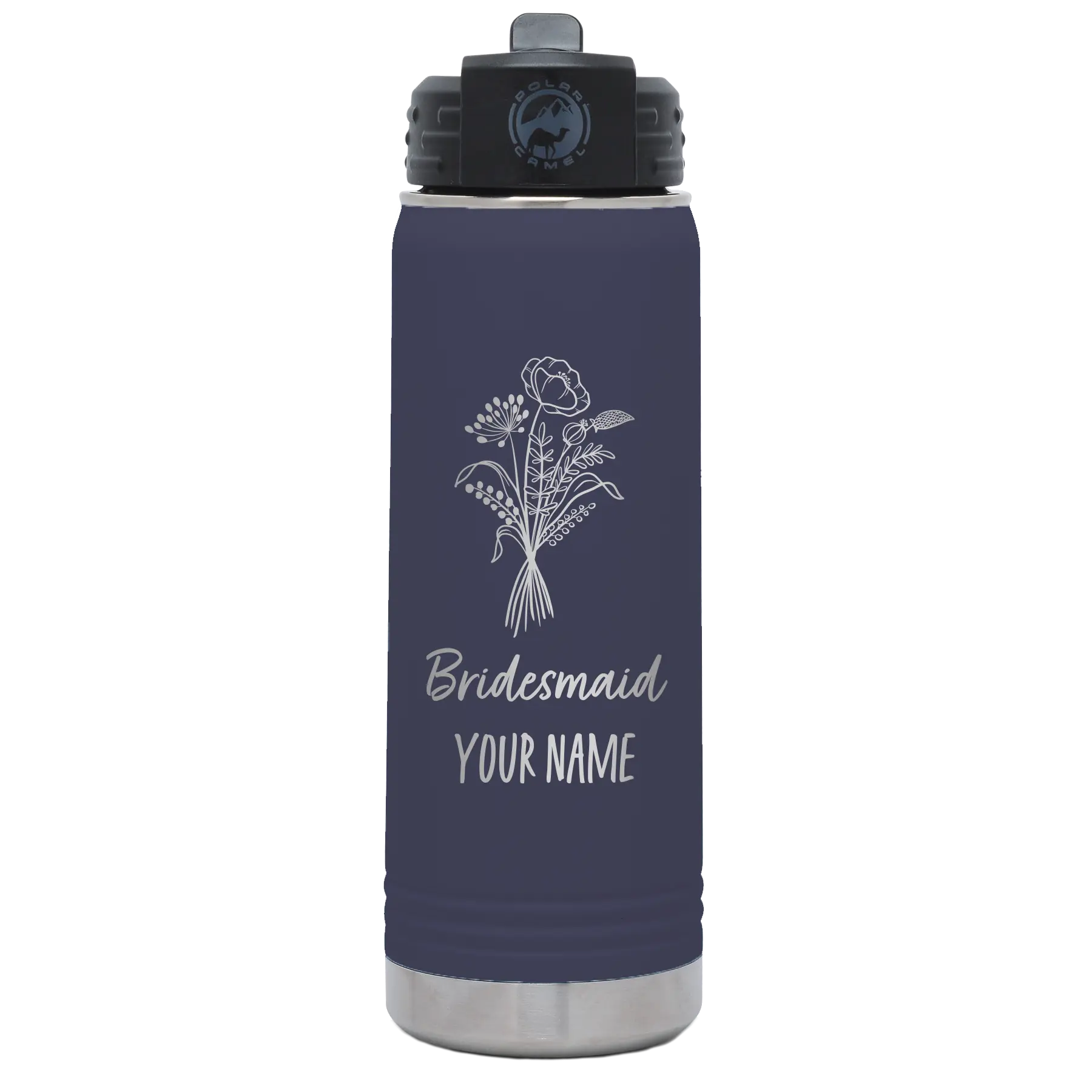 Personalized navy 20 oz vacuum insulated water bottle with 'Bridesmaid with flowers' design