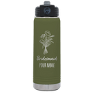 Personalized olive green 20 oz vacuum insulated water bottle with 'Bridesmaid with flowers' design