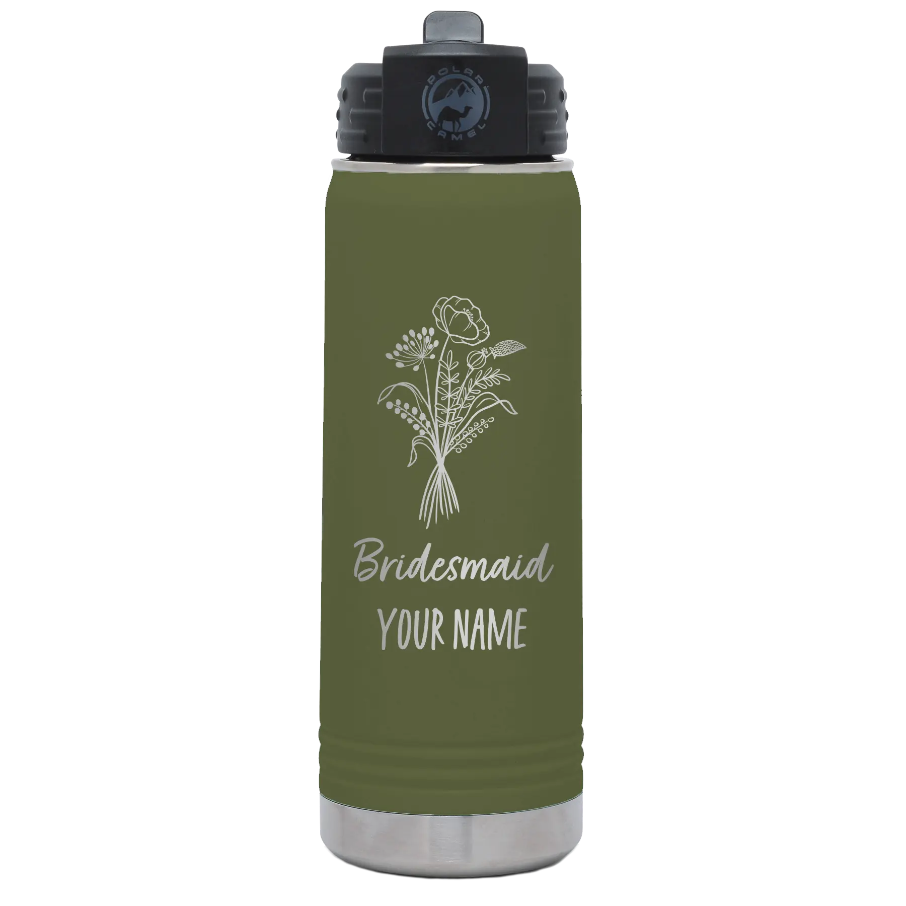 Personalized olive green 20 oz vacuum insulated water bottle with 'Bridesmaid with flowers' design