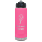 Personalized pink 20 oz vacuum insulated water bottle with 'Bridesmaid with flowers' design