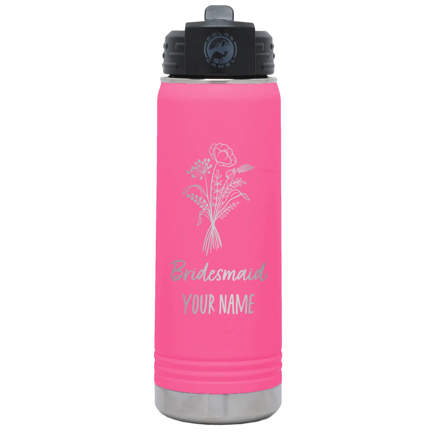 Personalized pink 20 oz vacuum insulated water bottle with 'Bridesmaid with flowers' design