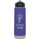 Personalized purple 20 oz vacuum insulated water bottle with 'Bridesmaid with flowers' design