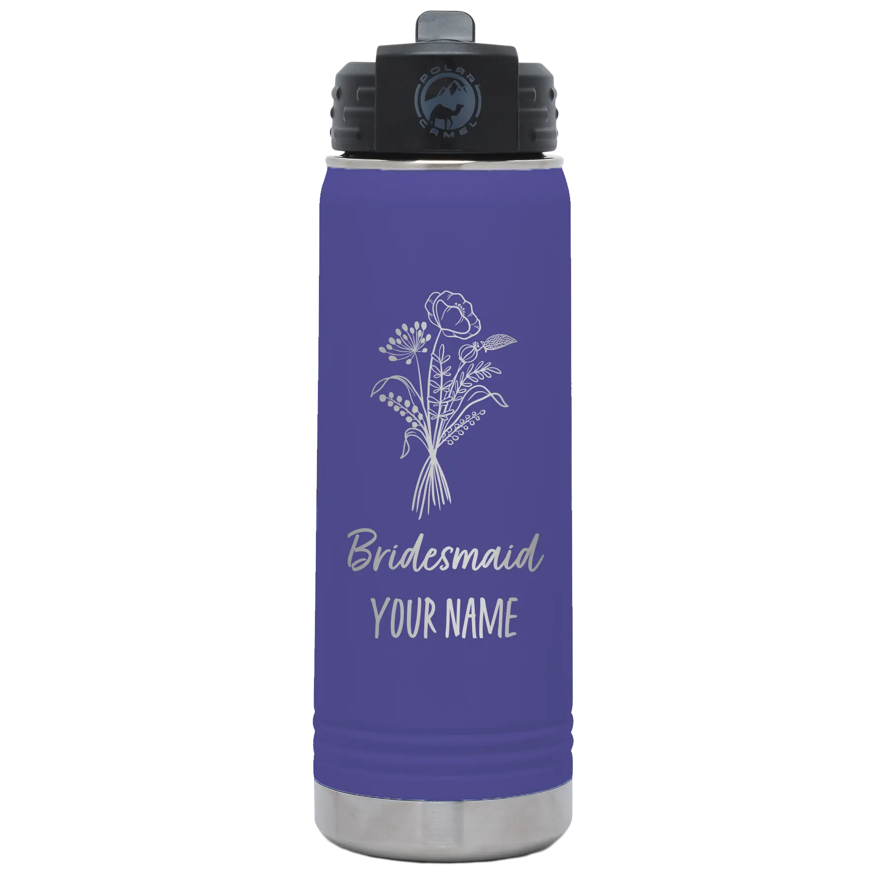 Personalized purple 20 oz vacuum insulated water bottle with 'Bridesmaid with flowers' design