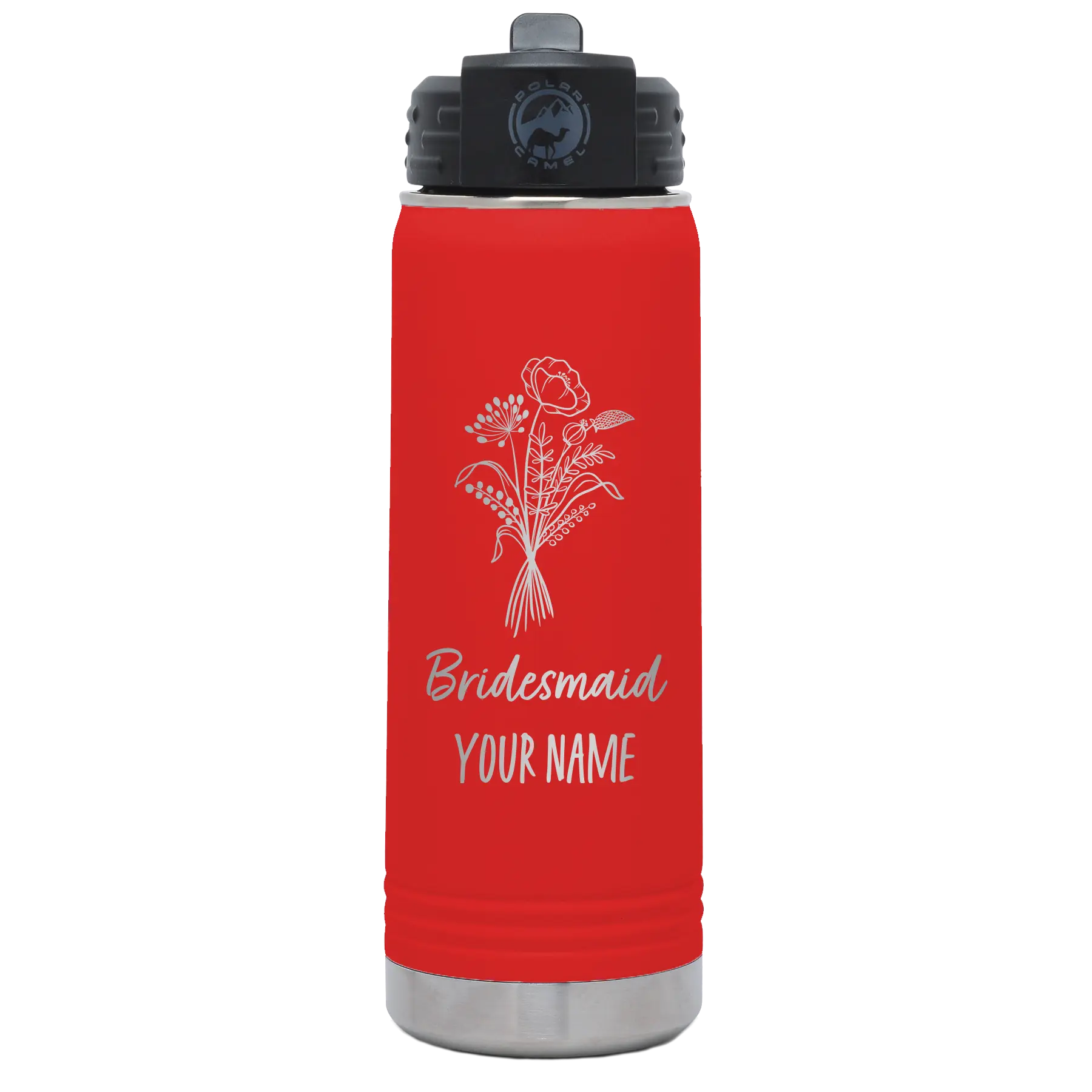 Personalized red 20 oz vacuum insulated water bottle with 'Bridesmaid with flowers' design
