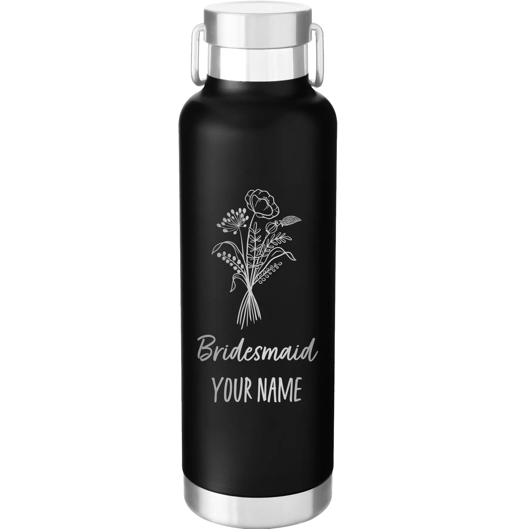 Personalized black 24 oz vacuum insulated water bottle with 'Bridesmaid with flowers' design