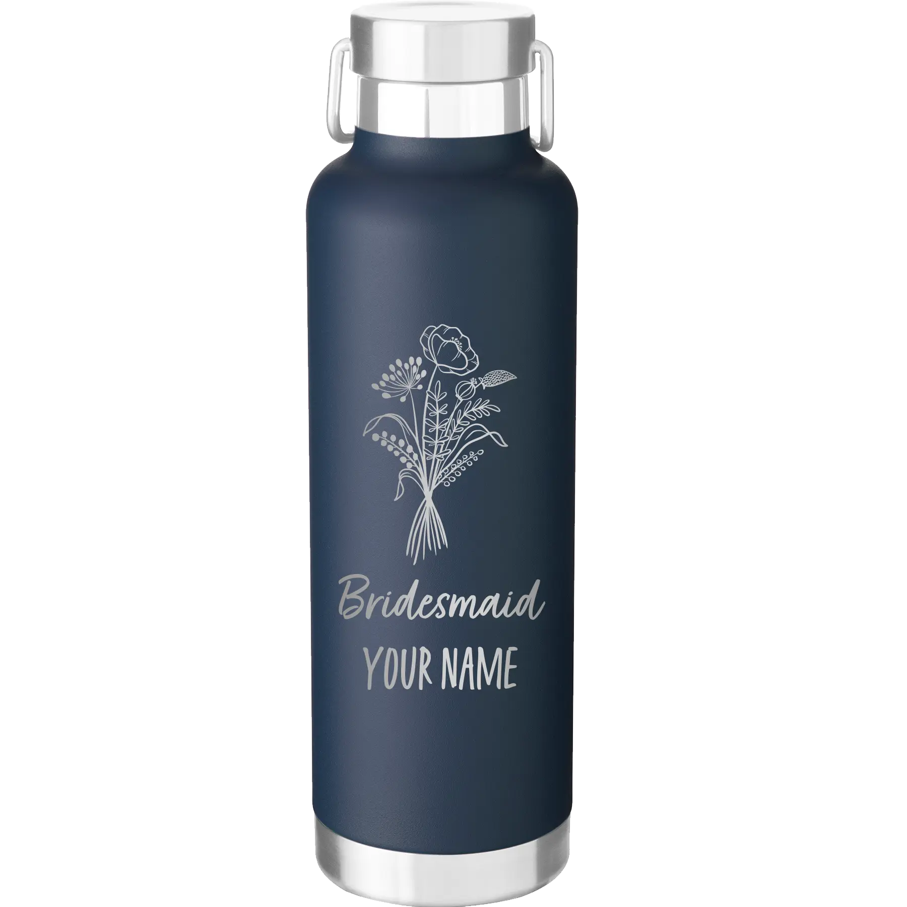 Personalized navy 24 oz vacuum insulated water bottle with 'Bridesmaid with flowers' design
