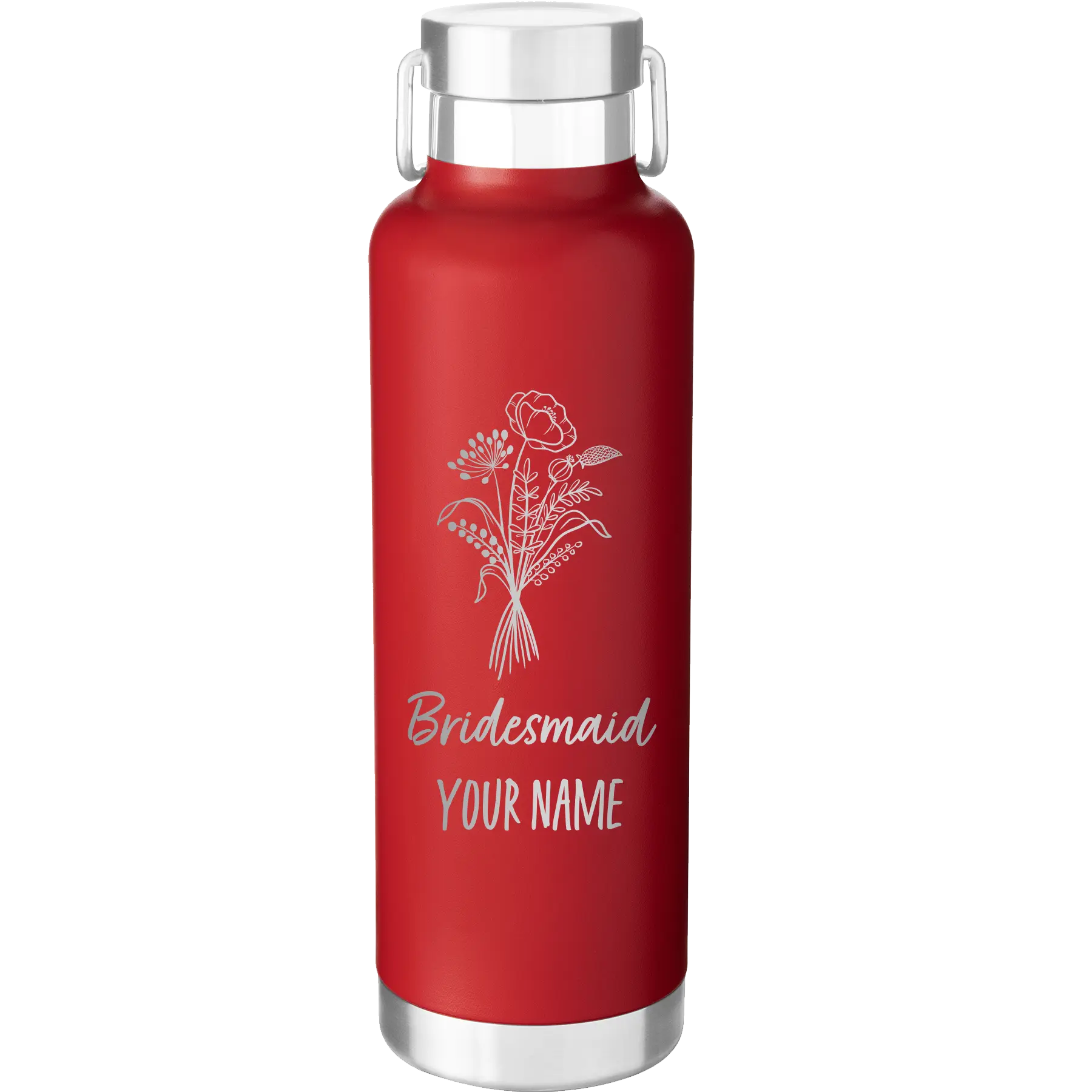 Personalized red 24 oz vacuum insulated water bottle with 'Bridesmaid with flowers' design