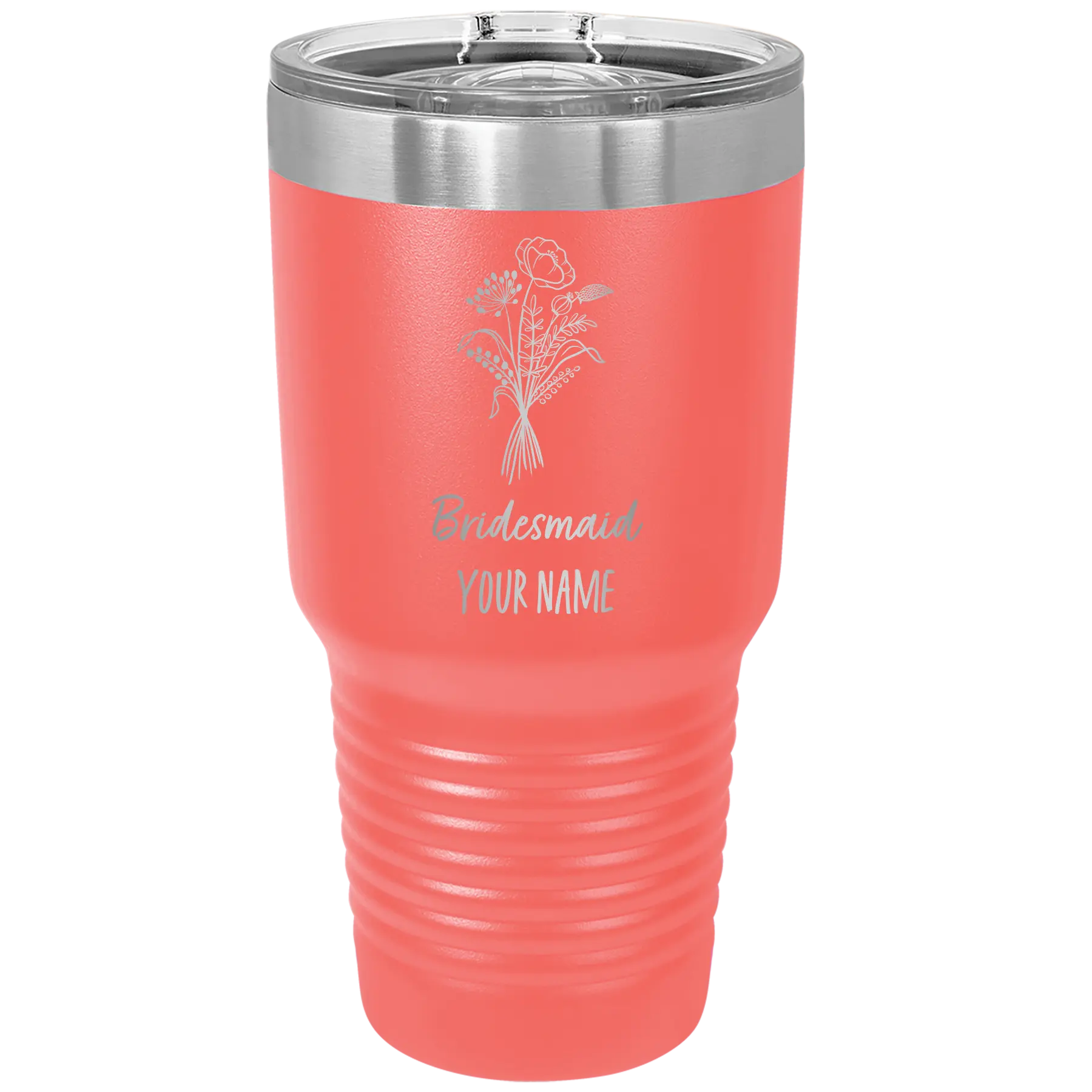 Personalized coral 30 oz vacuum insulated tumbler with 'Bridesmaid with flowers' design