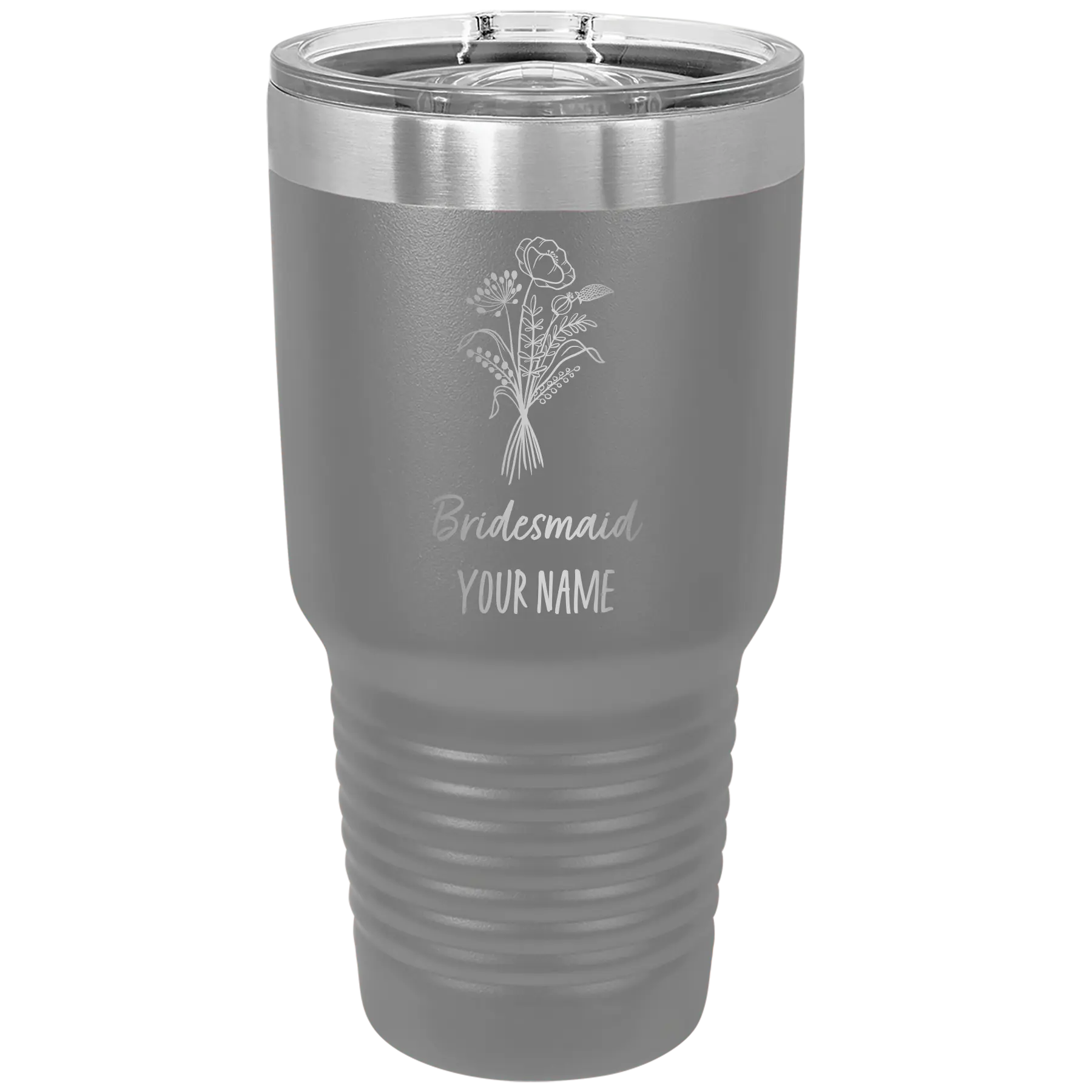 Personalized dark gray 30 oz vacuum insulated tumbler with 'Bridesmaid with flowers' design