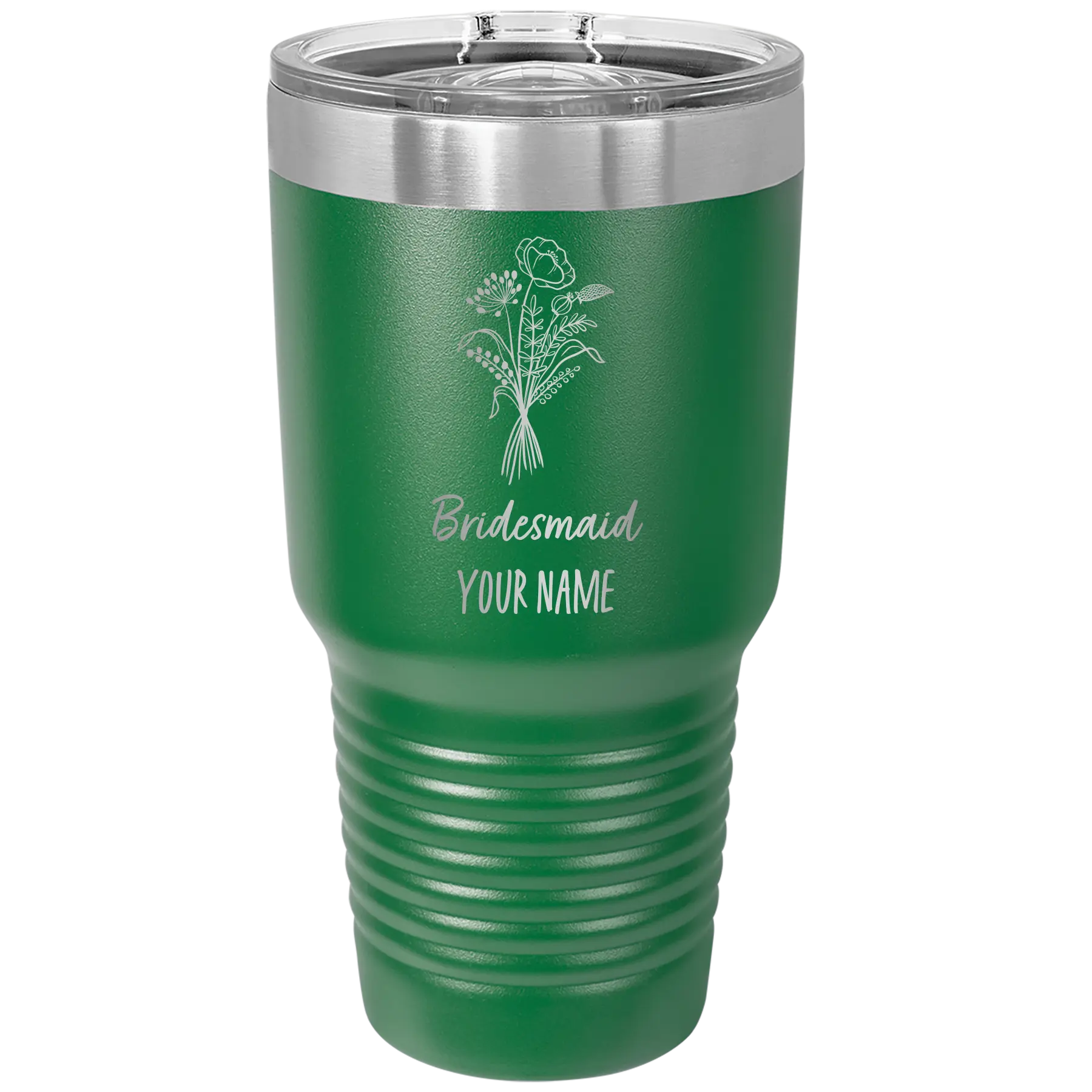 Personalized green 30 oz vacuum insulated tumbler with 'Bridesmaid with flowers' design