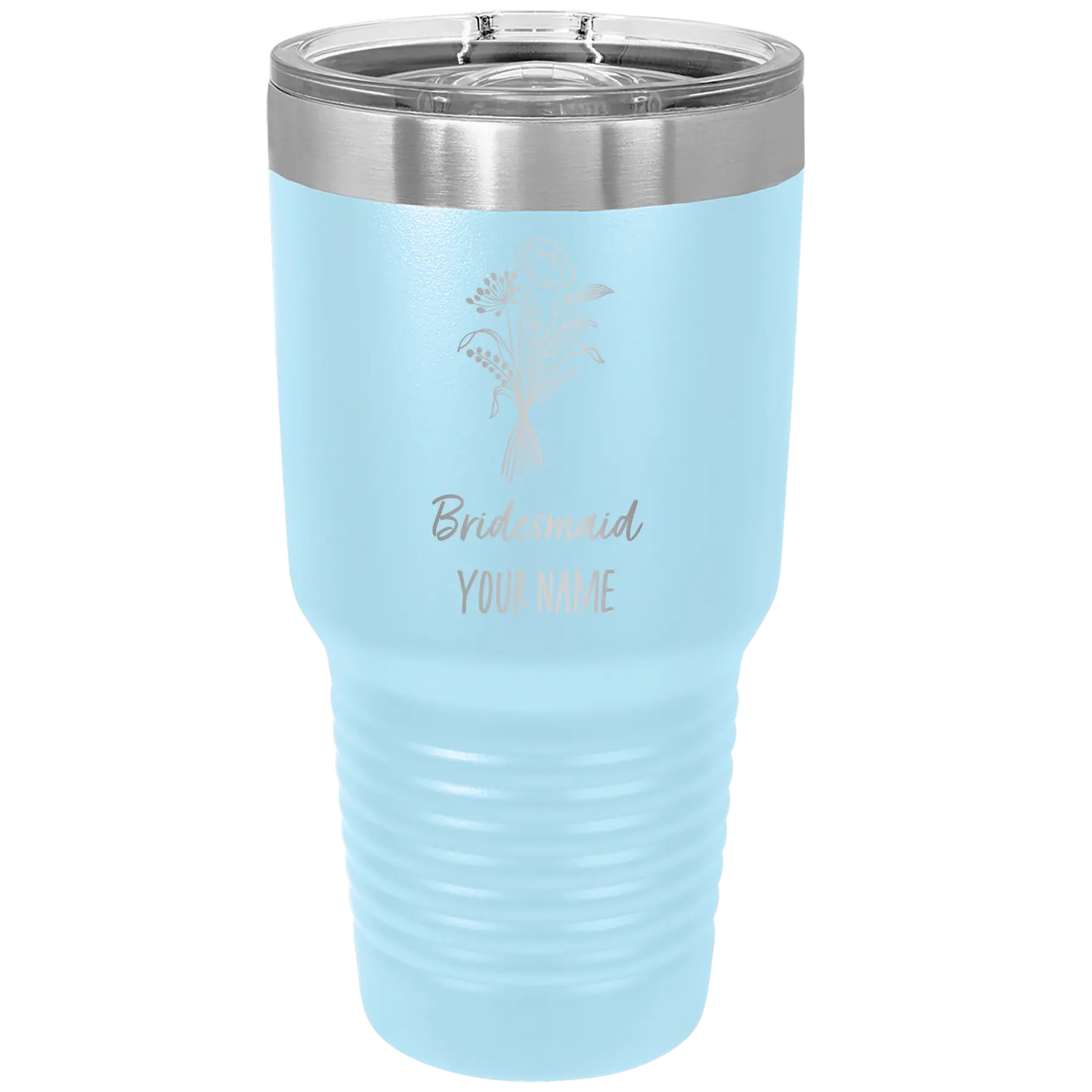 Personalized light blue 30 oz vacuum insulated tumbler with 'Bridesmaid with flowers' design