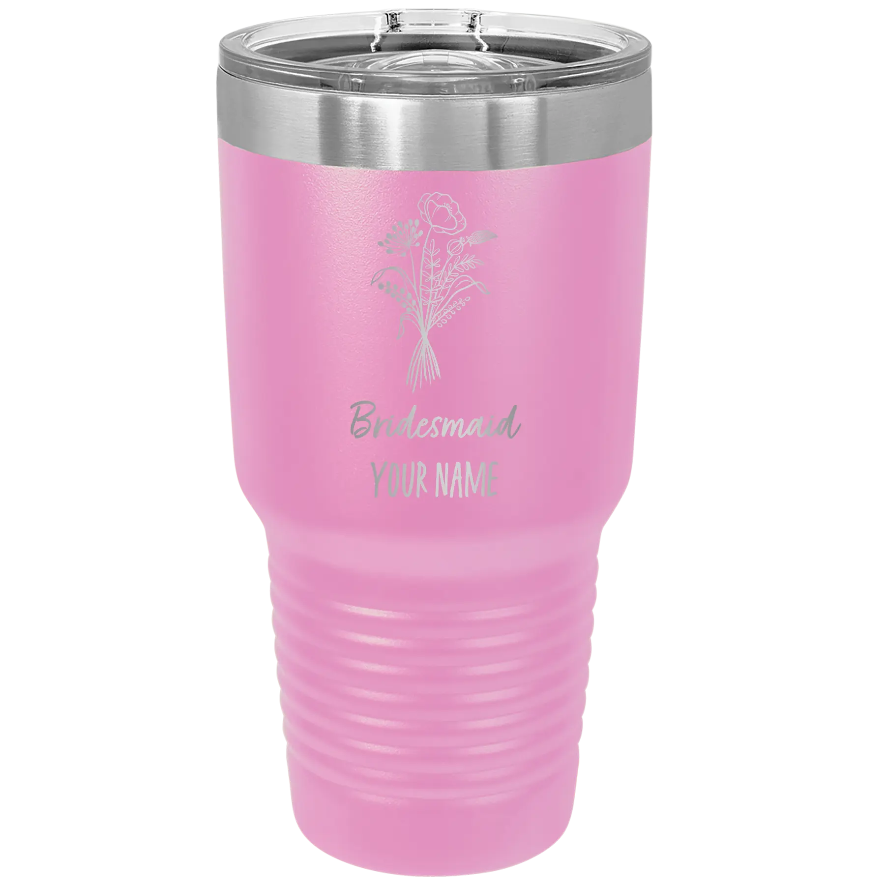 Personalized light purple 30 oz vacuum insulated tumbler with 'Bridesmaid with flowers' design
