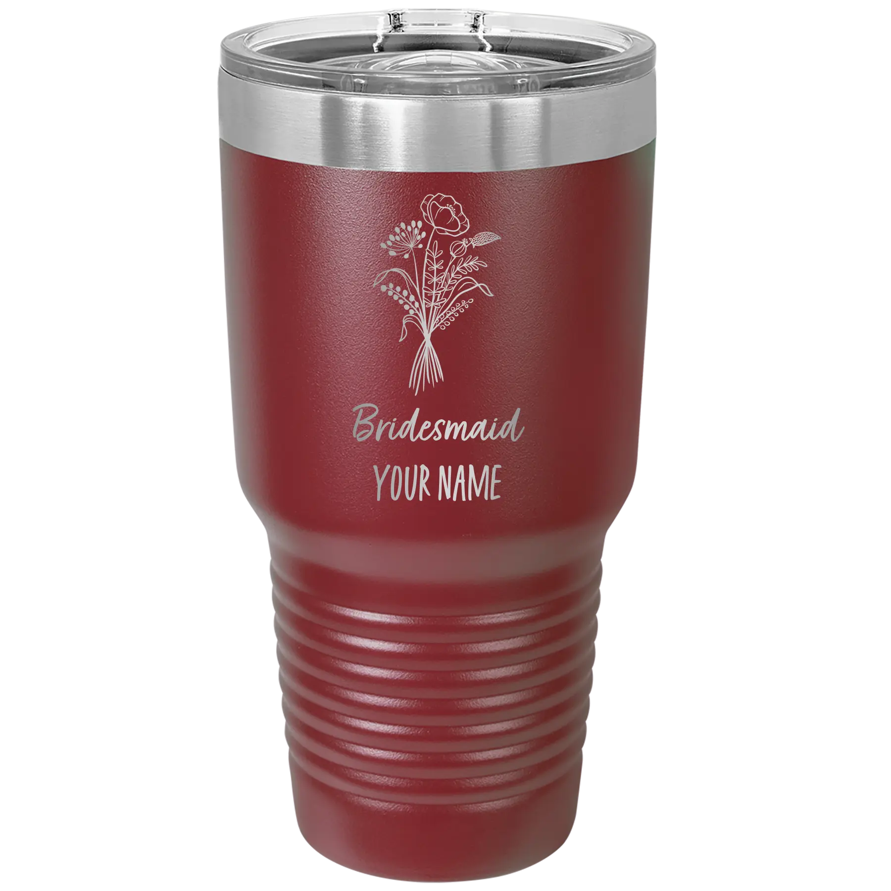 Personalized maroon 30 oz vacuum insulated tumbler with 'Bridesmaid with flowers' design