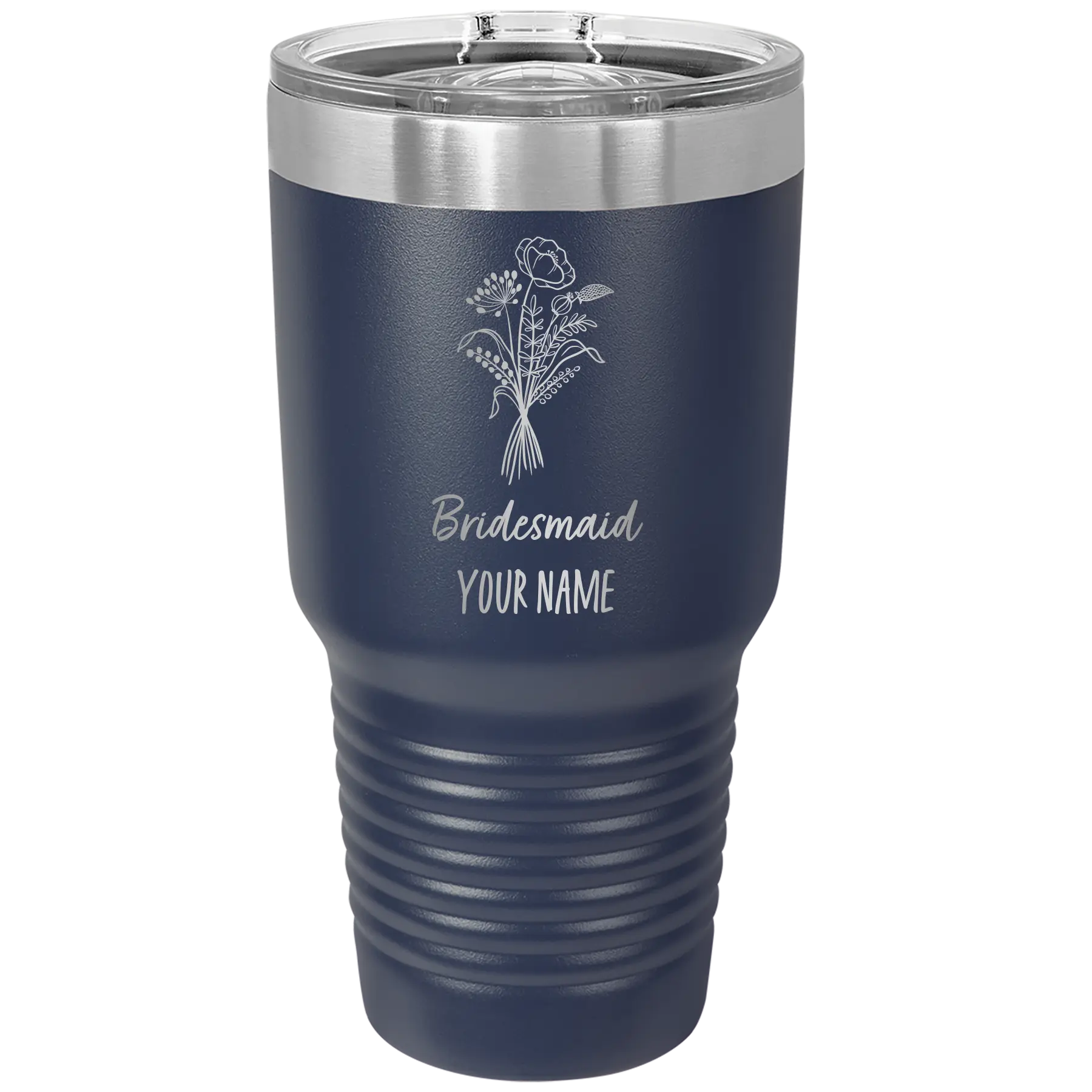 Personalized navy 30 oz vacuum insulated tumbler with 'Bridesmaid with flowers' design