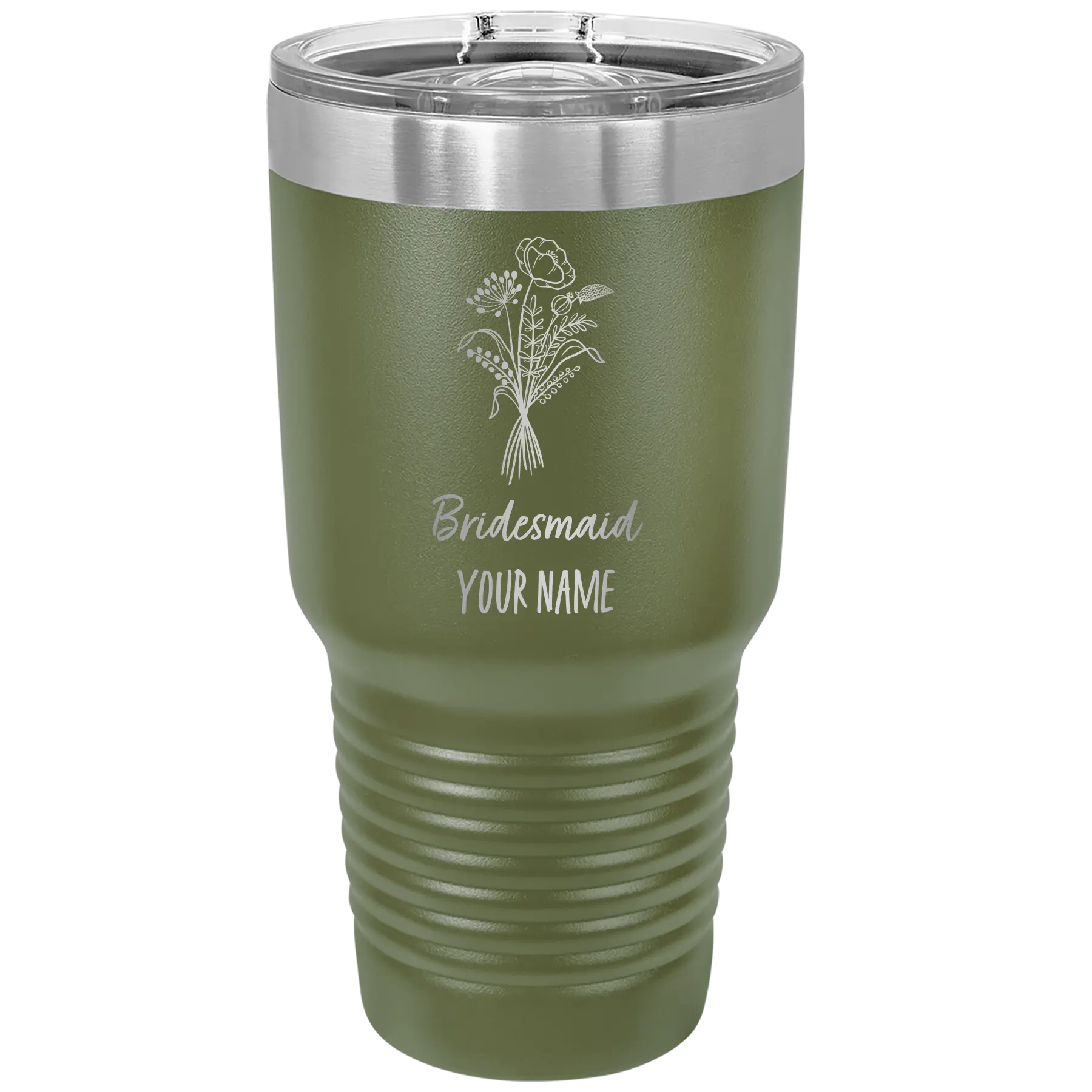 Personalized olive green 30 oz vacuum insulated tumbler with 'Bridesmaid with flowers' design