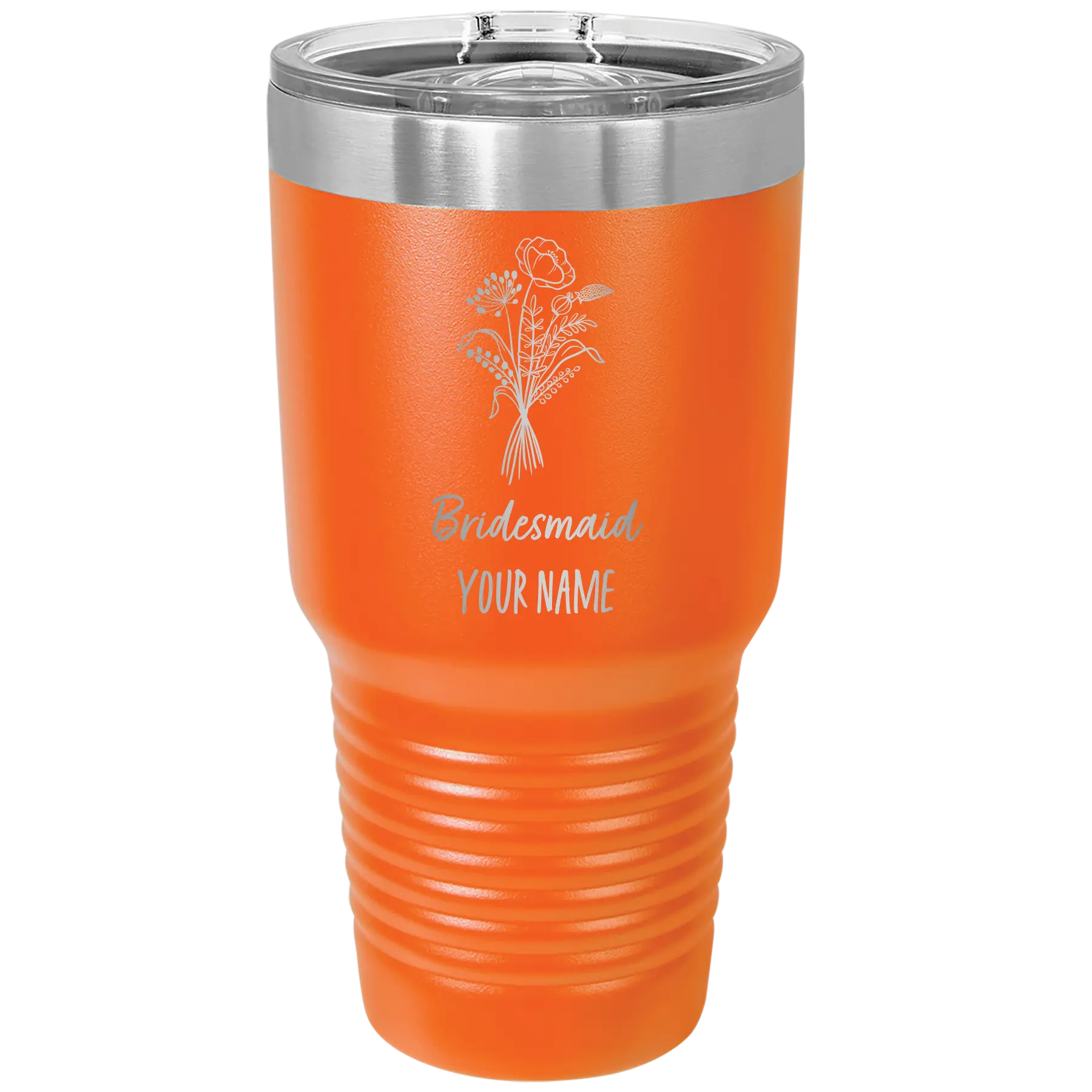 Personalized orange 30 oz vacuum insulated tumbler with 'Bridesmaid with flowers' design