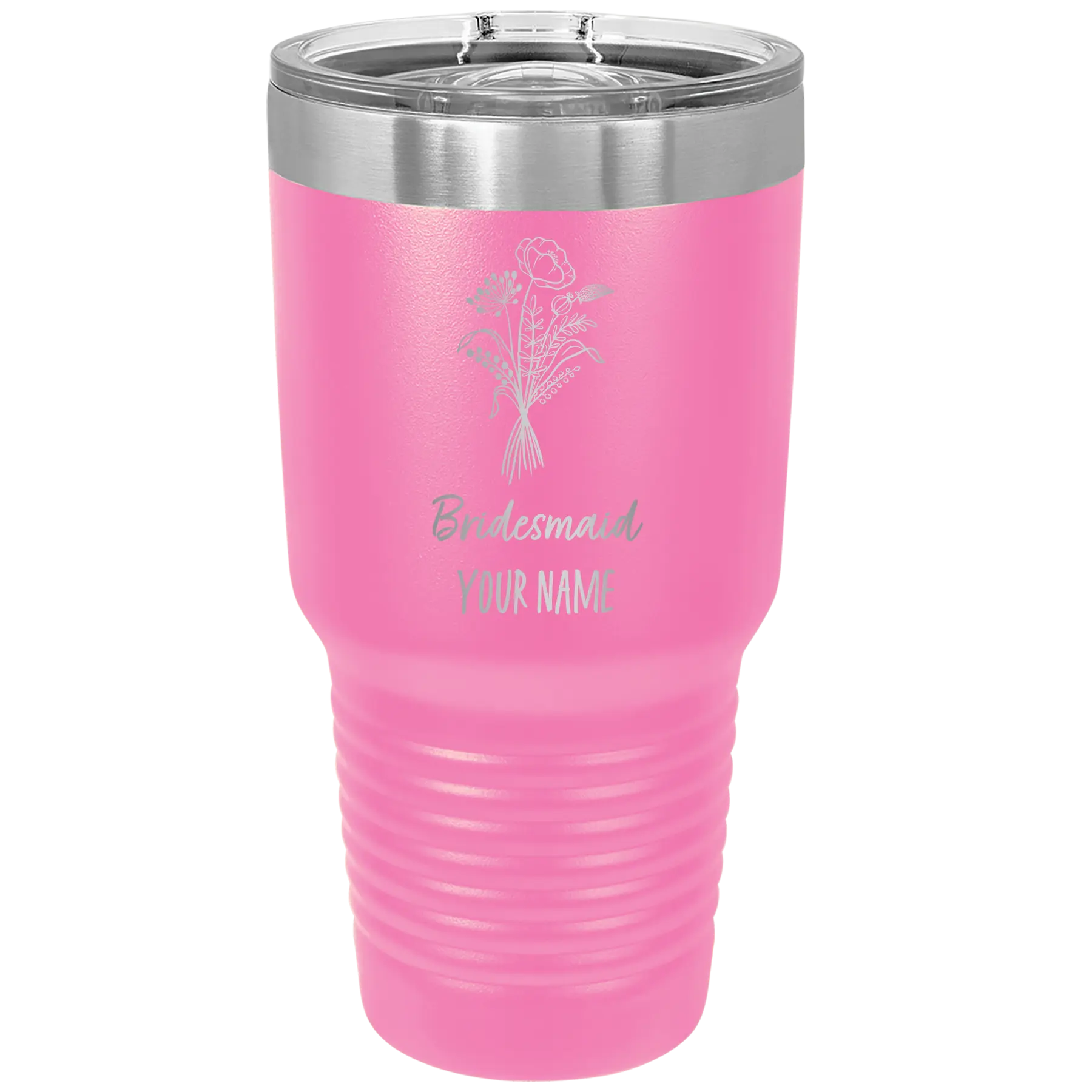 Personalized pink 30 oz vacuum insulated tumbler with 'Bridesmaid with flowers' design