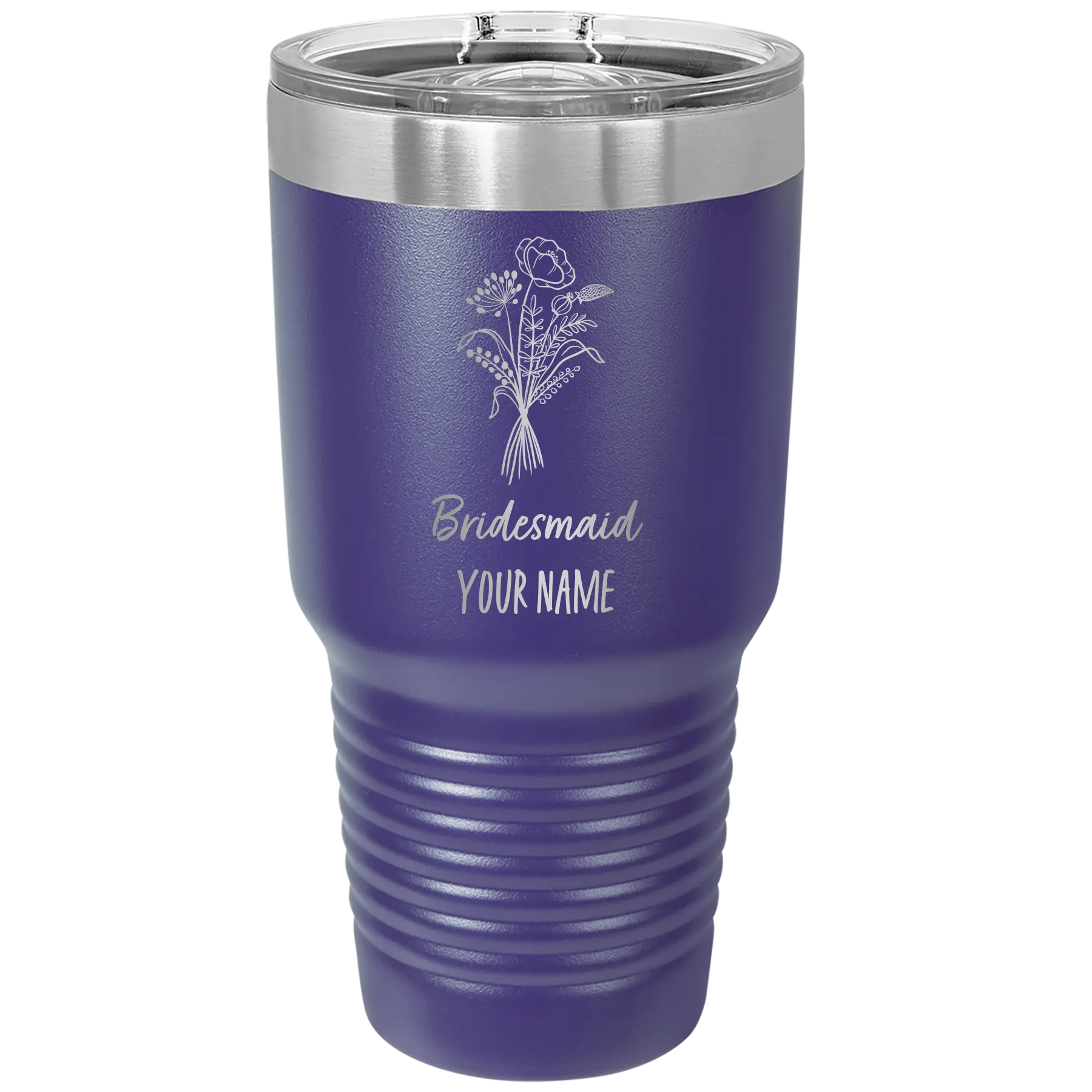 Personalized purple 30 oz vacuum insulated tumbler with 'Bridesmaid with flowers' design