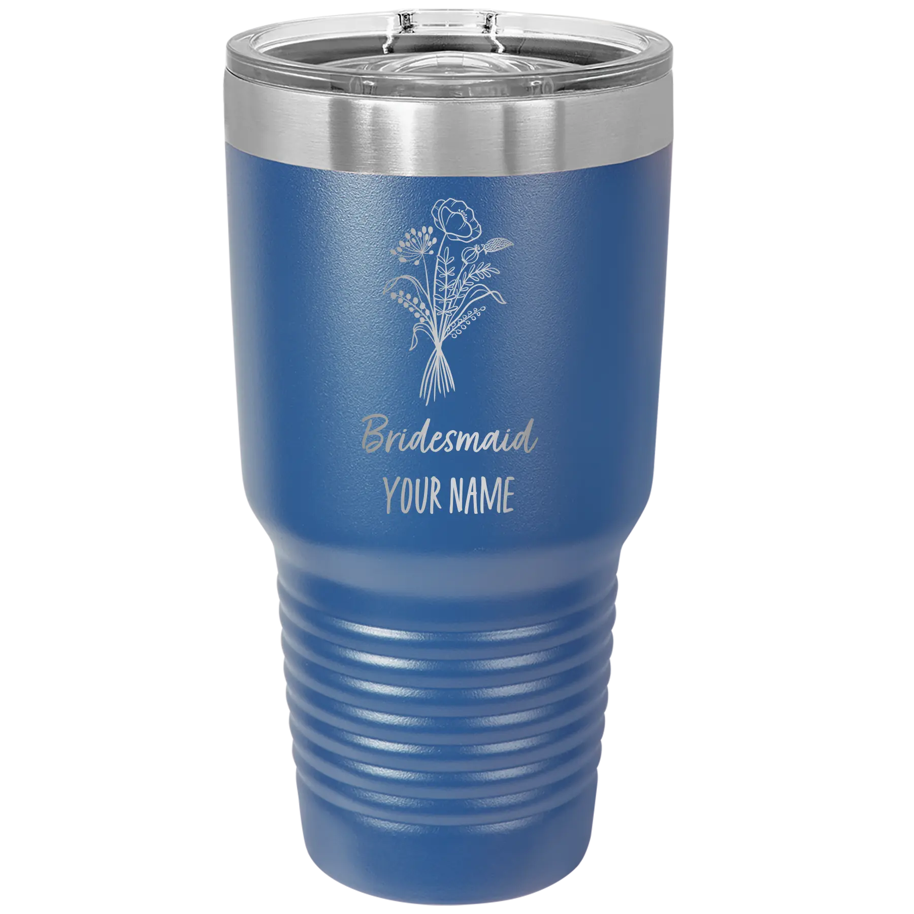 Personalized royal blue 30 oz vacuum insulated tumbler with 'Bridesmaid with flowers' design