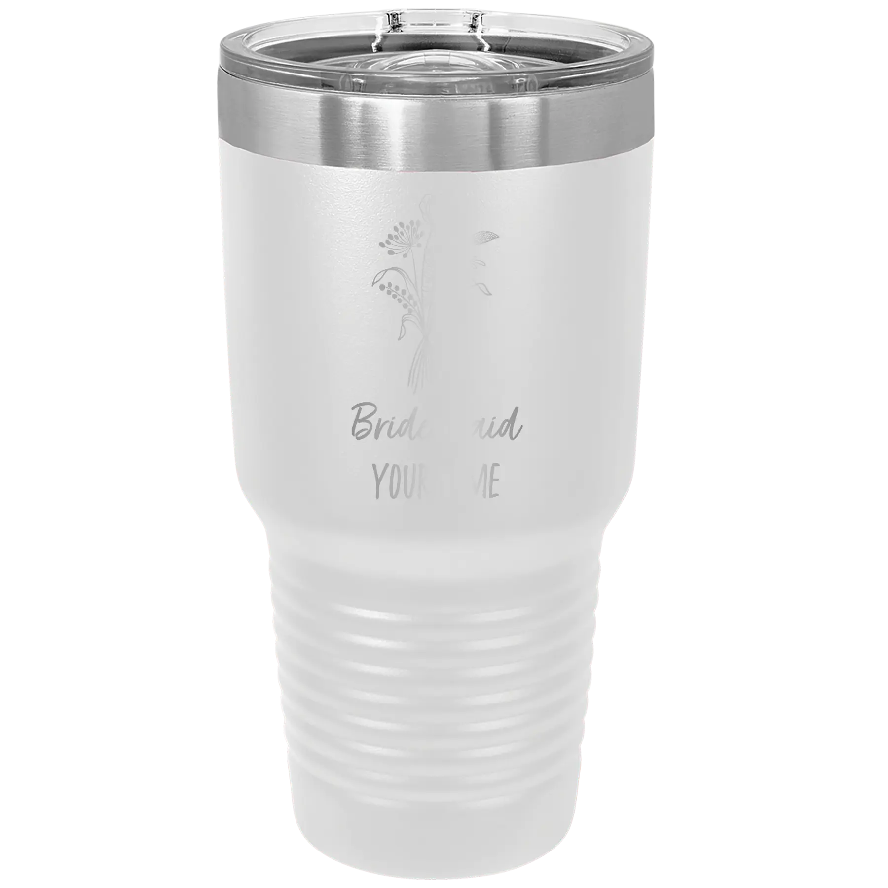Personalized white 30 oz vacuum insulated tumbler with 'Bridesmaid with flowers' design
