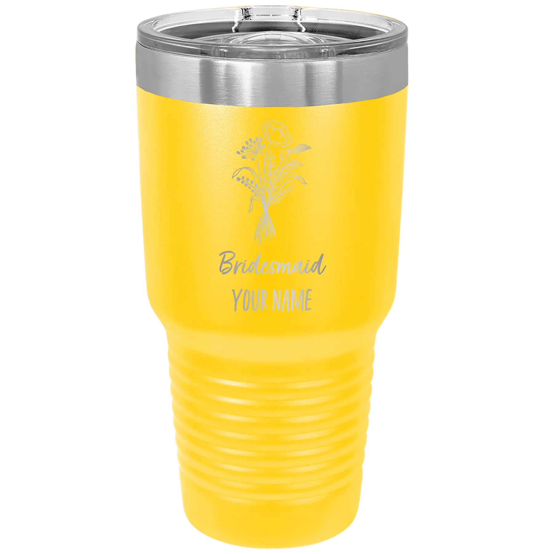 Personalized yellow 30 oz vacuum insulated tumbler with 'Bridesmaid with flowers' design