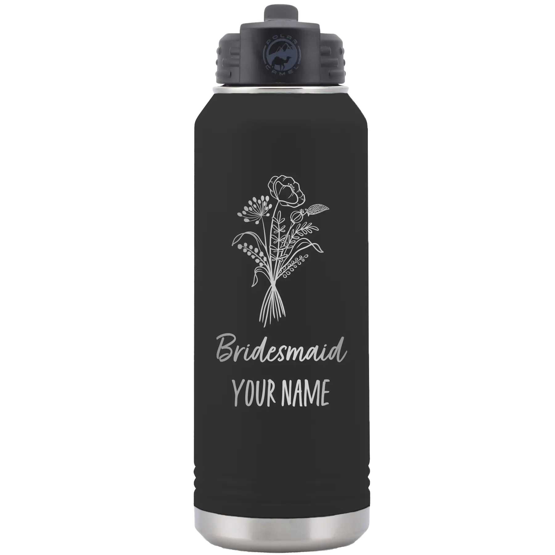 Personalized black 32 oz vacuum insulated water bottle with 'Bridesmaid with flowers' design